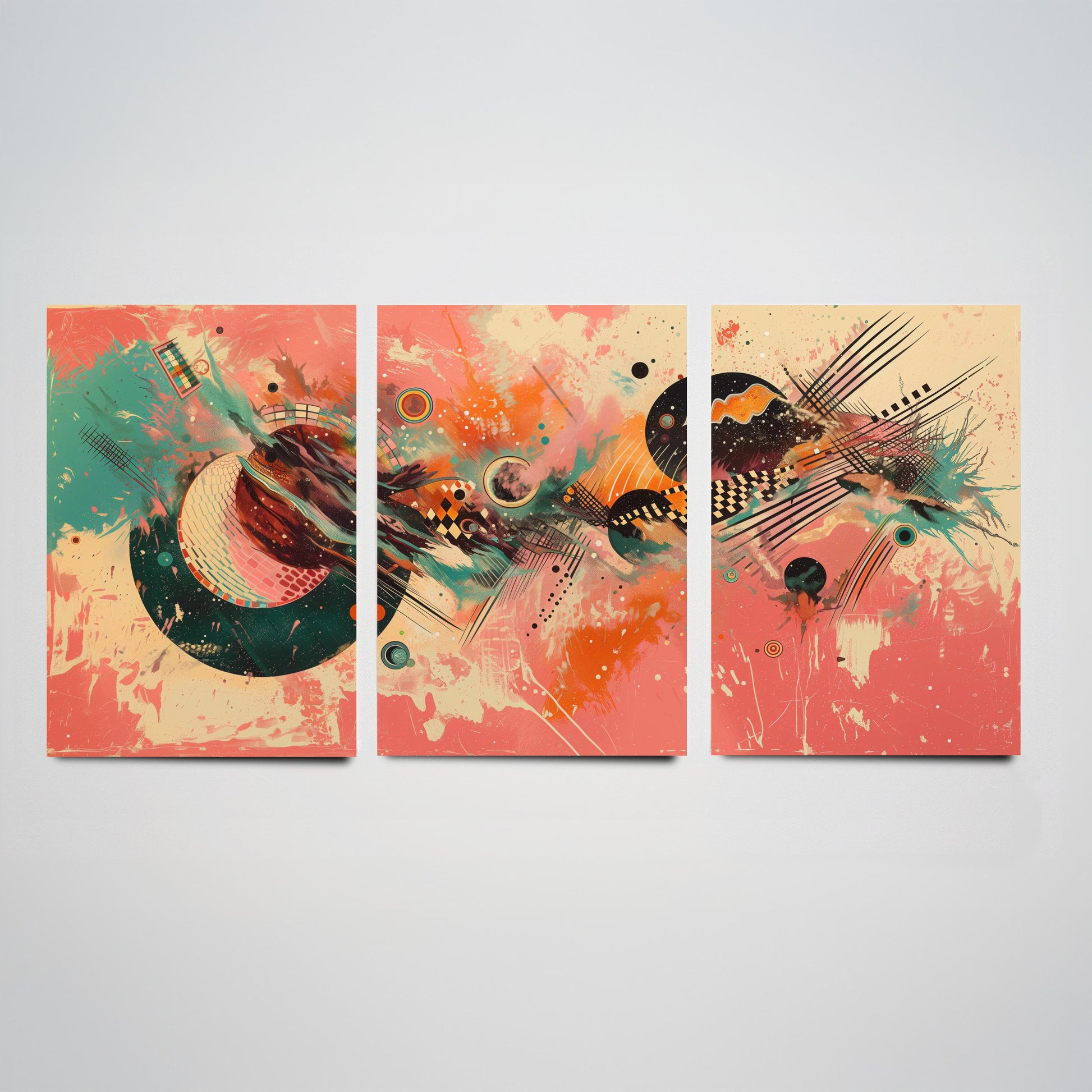 Colourful Abstract Circles Set of Three Art Prints - 3 Modern Geometric Posters - Bold Coral Illustration Wall Decor Gift