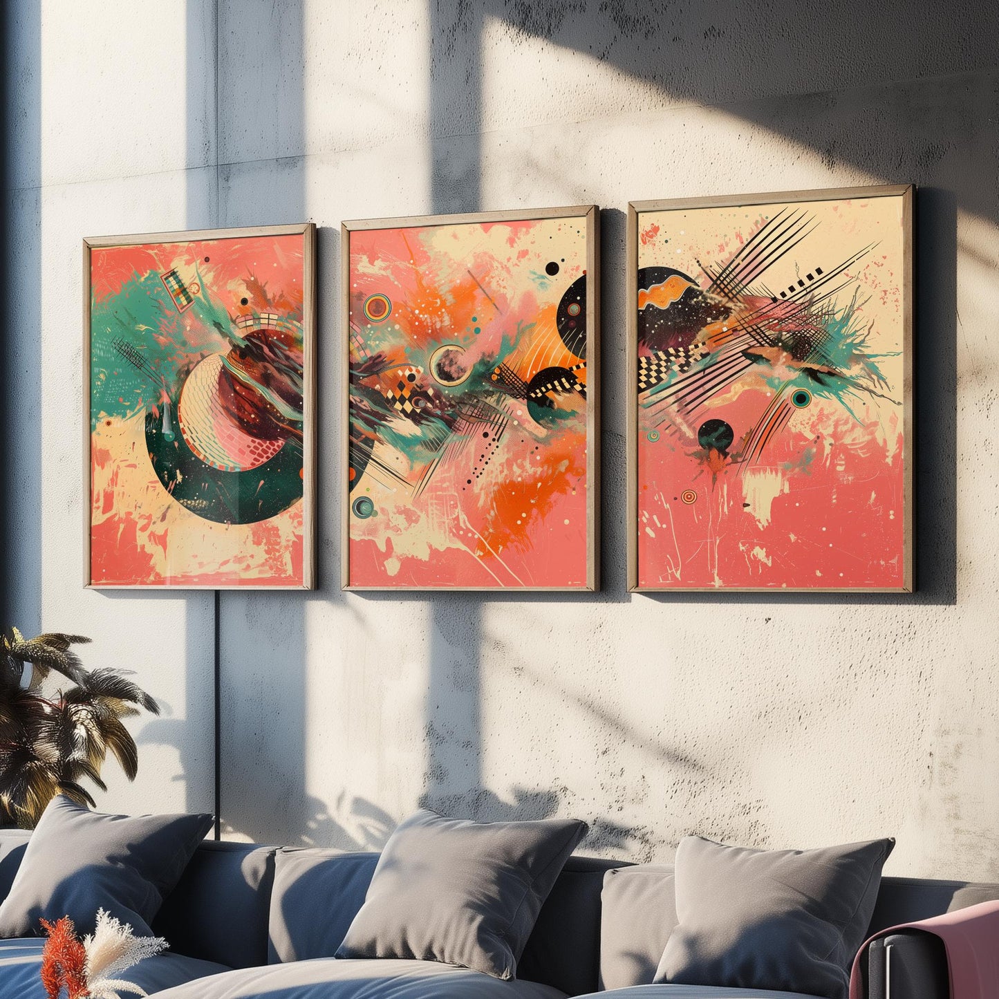 Colourful Abstract Circles Set of Three Art Prints - 3 Modern Geometric Posters - Bold Coral Illustration Wall Decor Gift