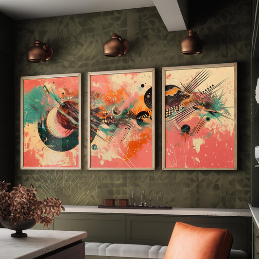 Colourful Abstract Circles Set of Three Art Prints - 3 Modern Geometric Posters - Bold Coral Illustration Wall Decor Gift