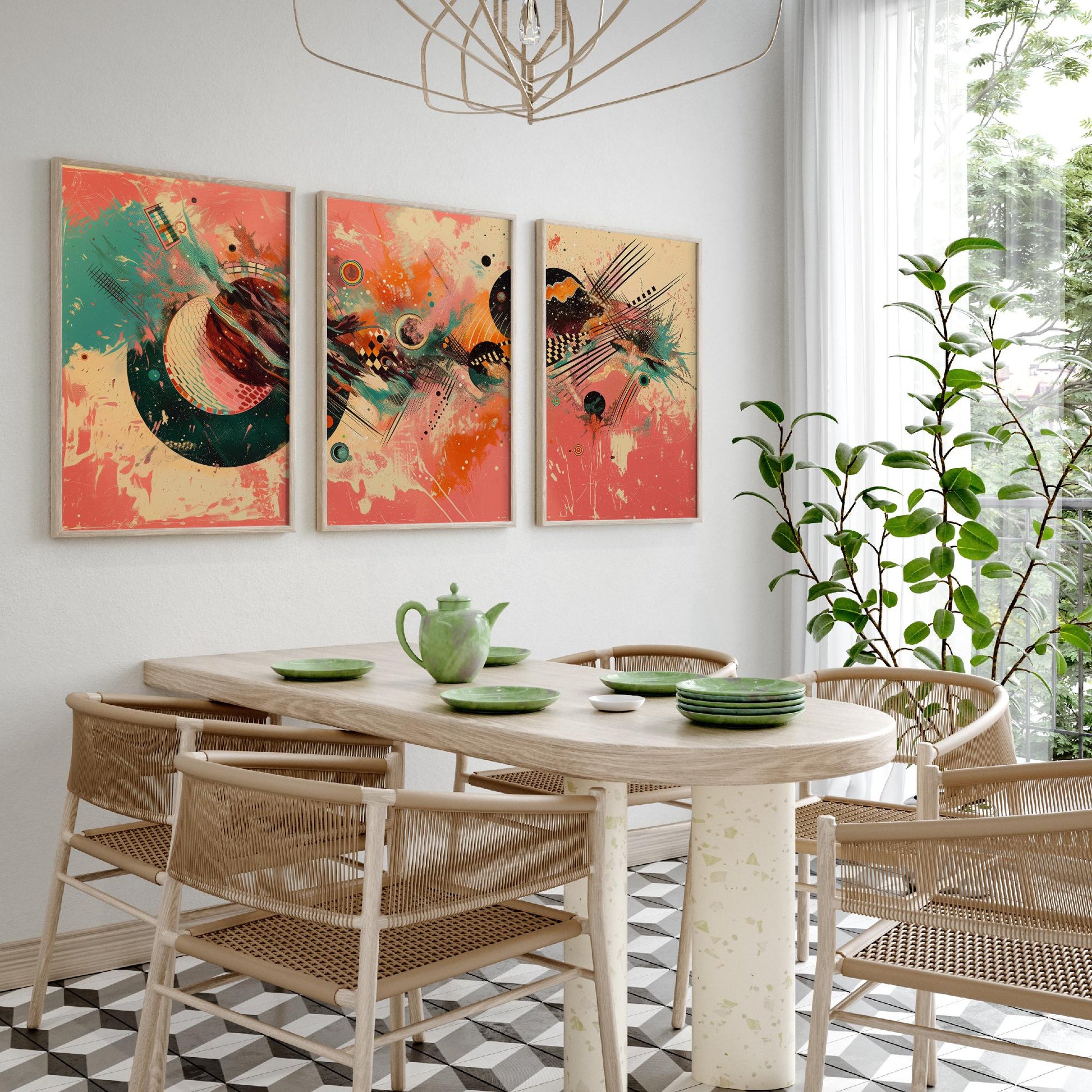 Colourful Abstract Circles Set of Three Art Prints - 3 Modern Geometric Posters - Bold Coral Illustration Wall Decor Gift
