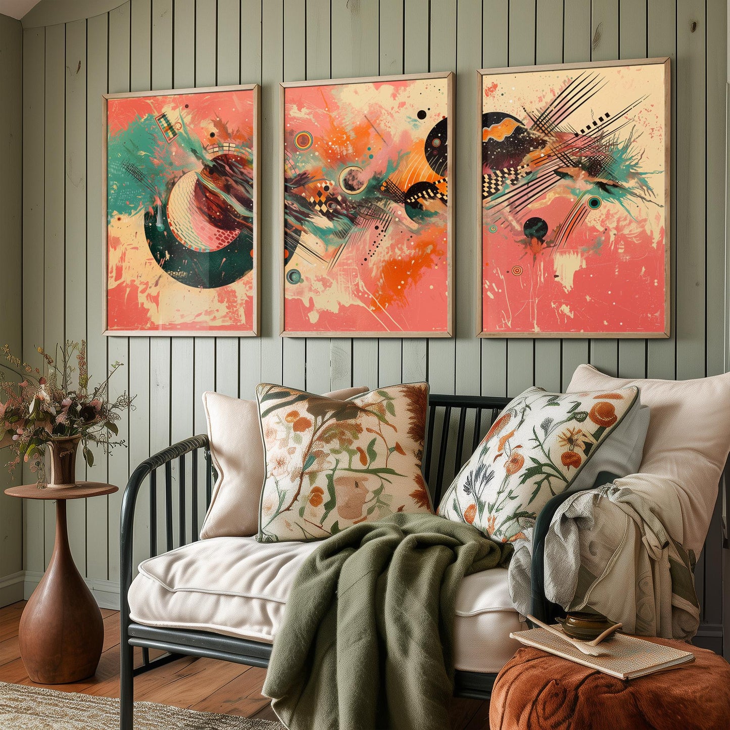 Colourful Abstract Circles Set of Three Art Prints - 3 Modern Geometric Posters - Bold Coral Illustration Wall Decor Gift