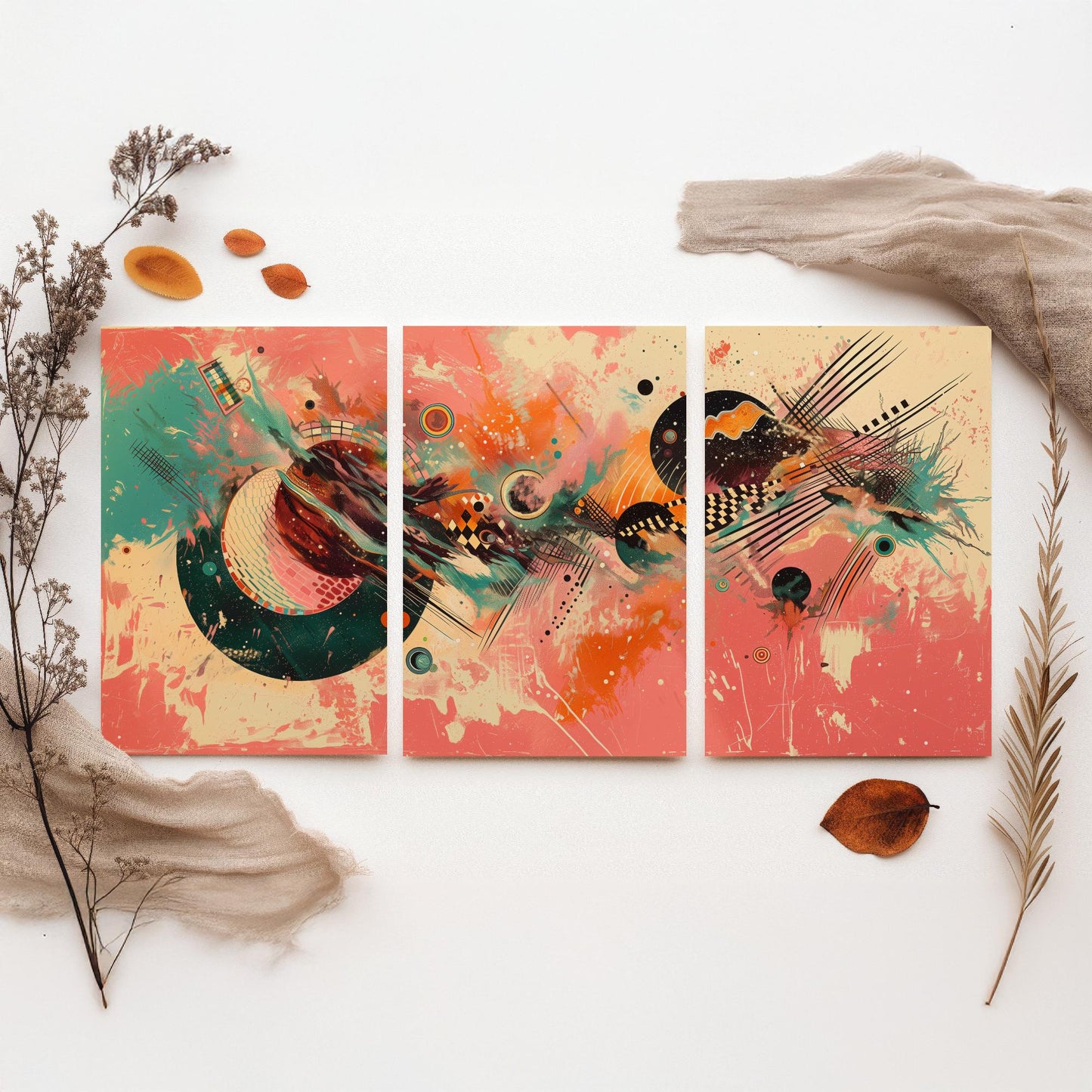 Colourful Abstract Circles Set of Three Art Prints - 3 Modern Geometric Posters - Bold Coral Illustration Wall Decor Gift