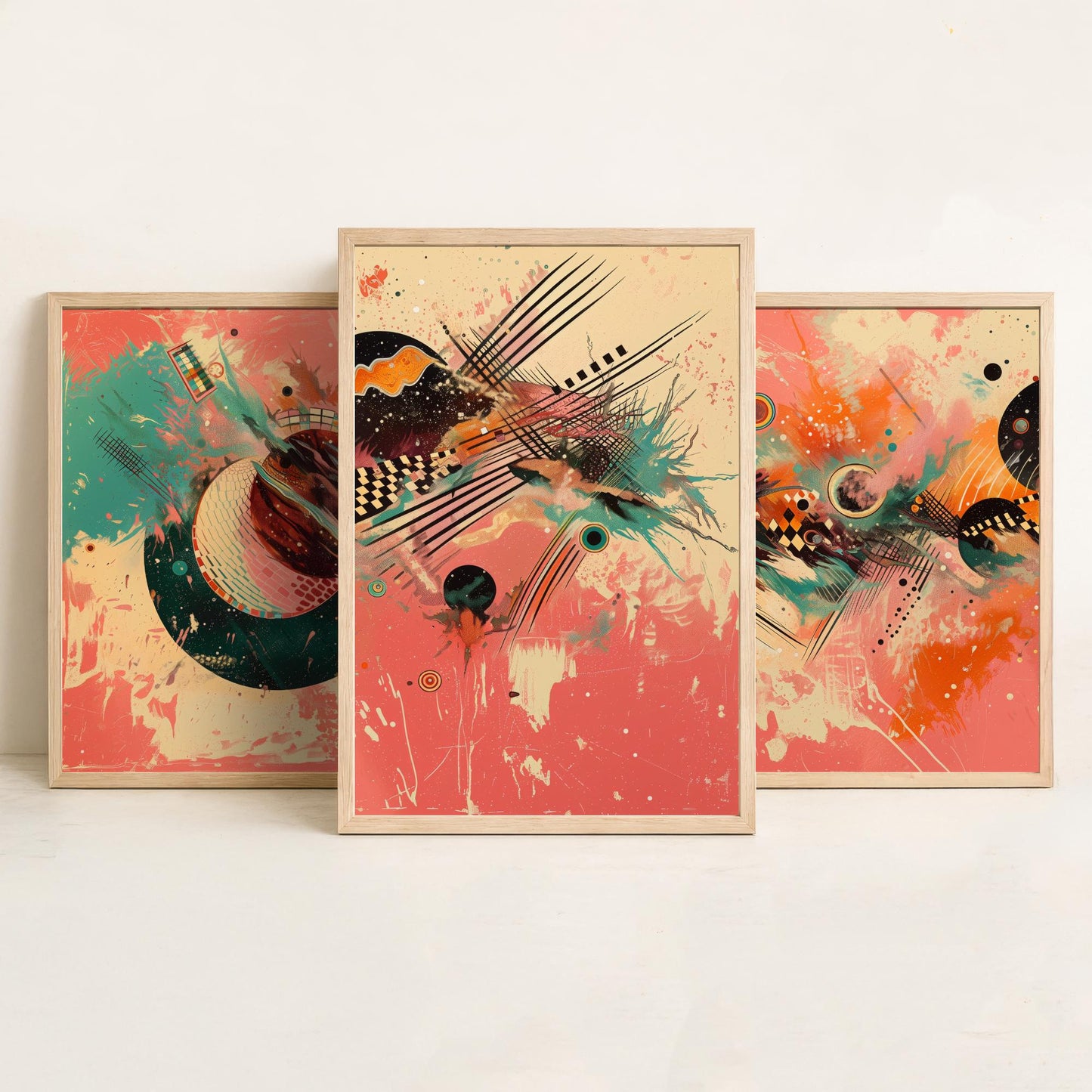 Colourful Abstract Circles Set of Three Art Prints - 3 Modern Geometric Posters - Bold Coral Illustration Wall Decor Gift