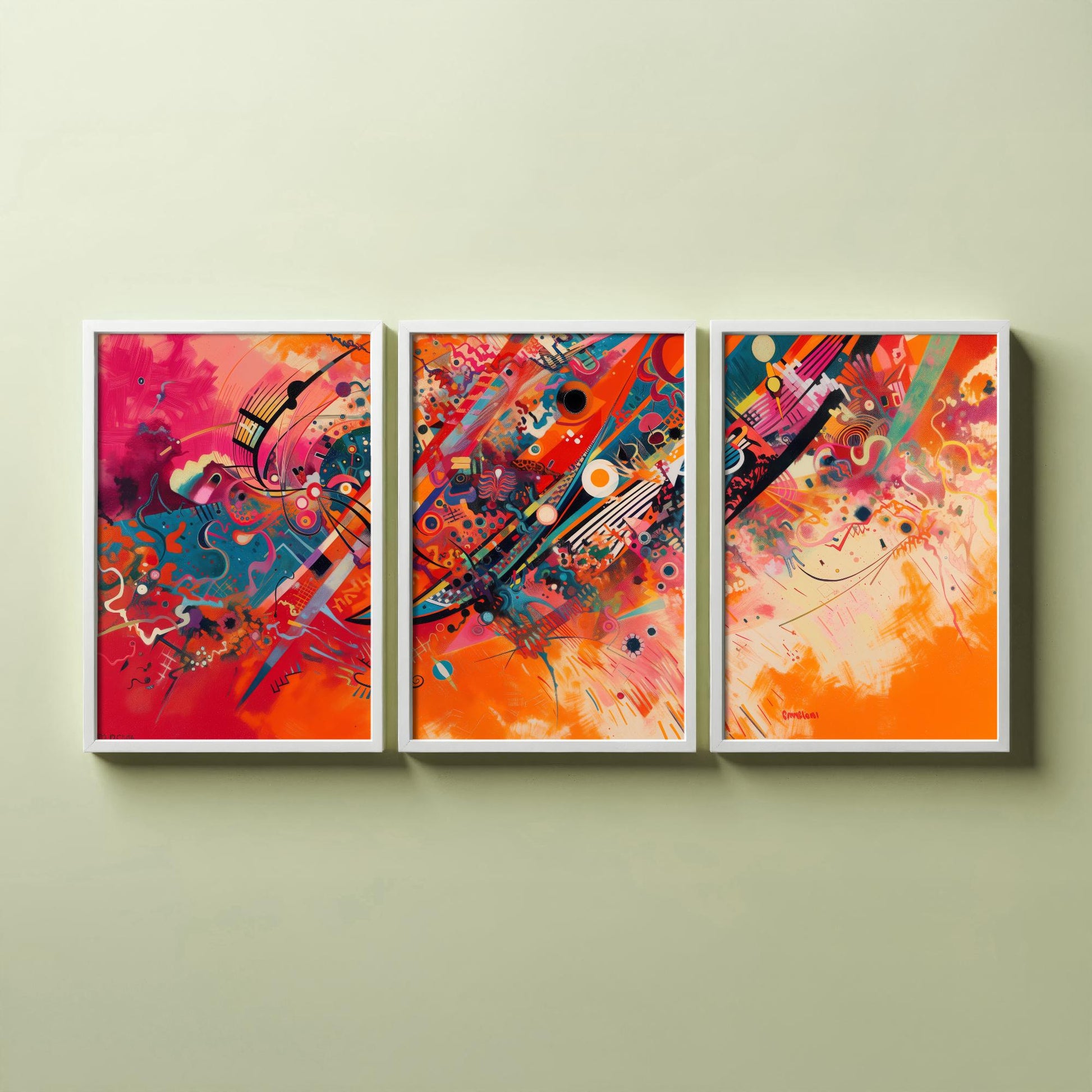 Vibrant Abstract Shapes Set of Three Art Prints - 3 Bold Expressionist Posters - Orange Pink Modern Illustration Wall Gift