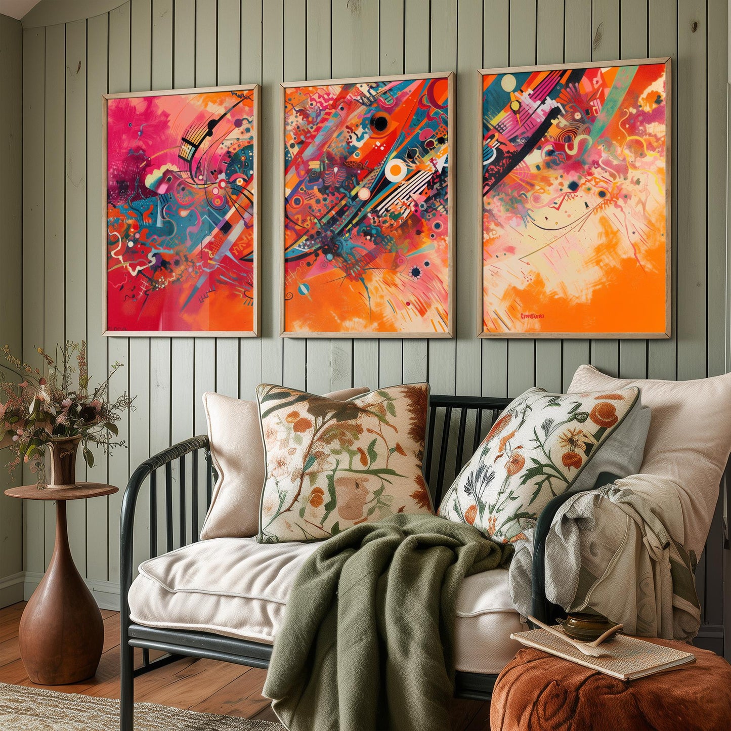 Vibrant Abstract Shapes Set of Three Art Prints - 3 Bold Expressionist Posters - Orange Pink Modern Illustration Wall Gift