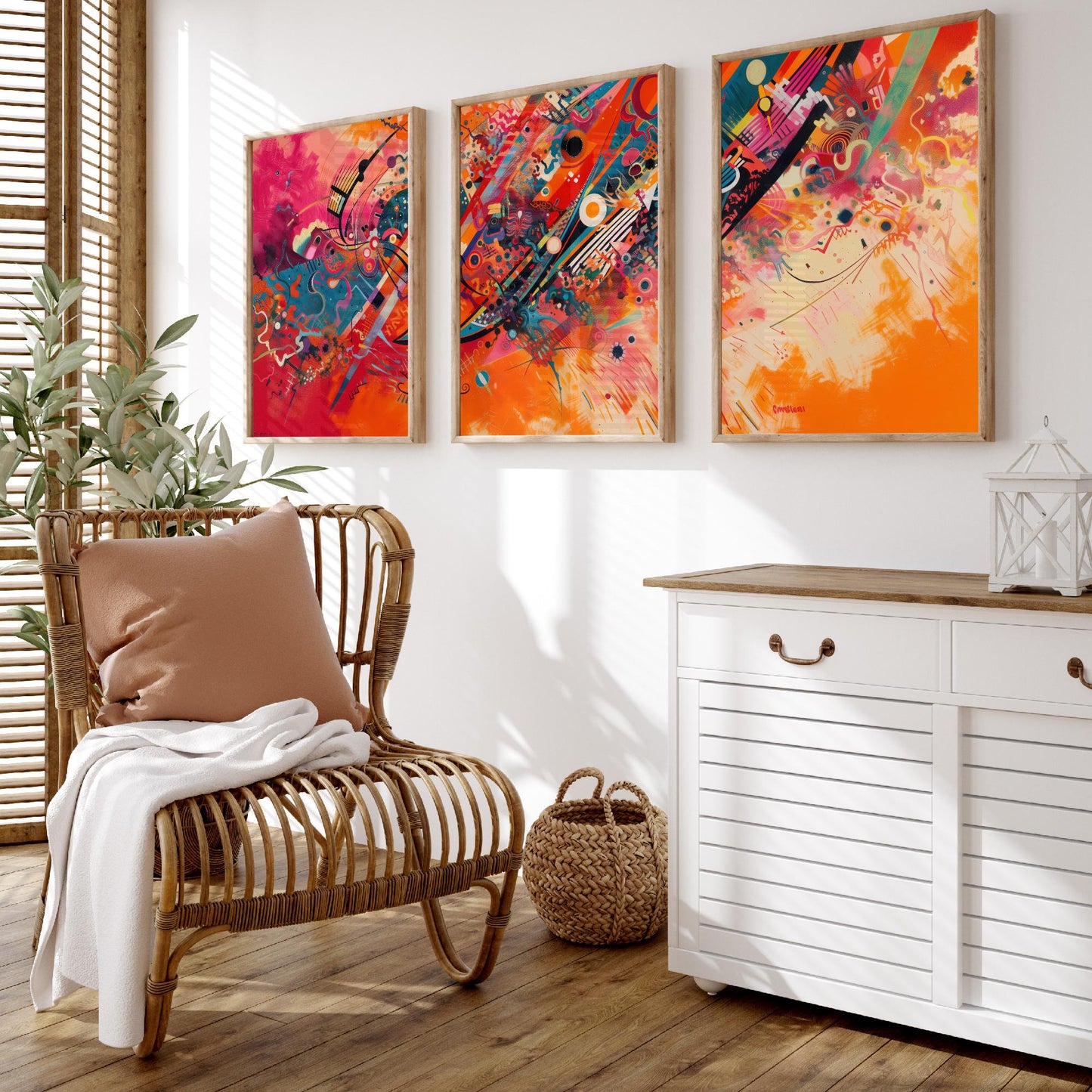 Vibrant Abstract Shapes Set of Three Art Prints - 3 Bold Expressionist Posters - Orange Pink Modern Illustration Wall Gift