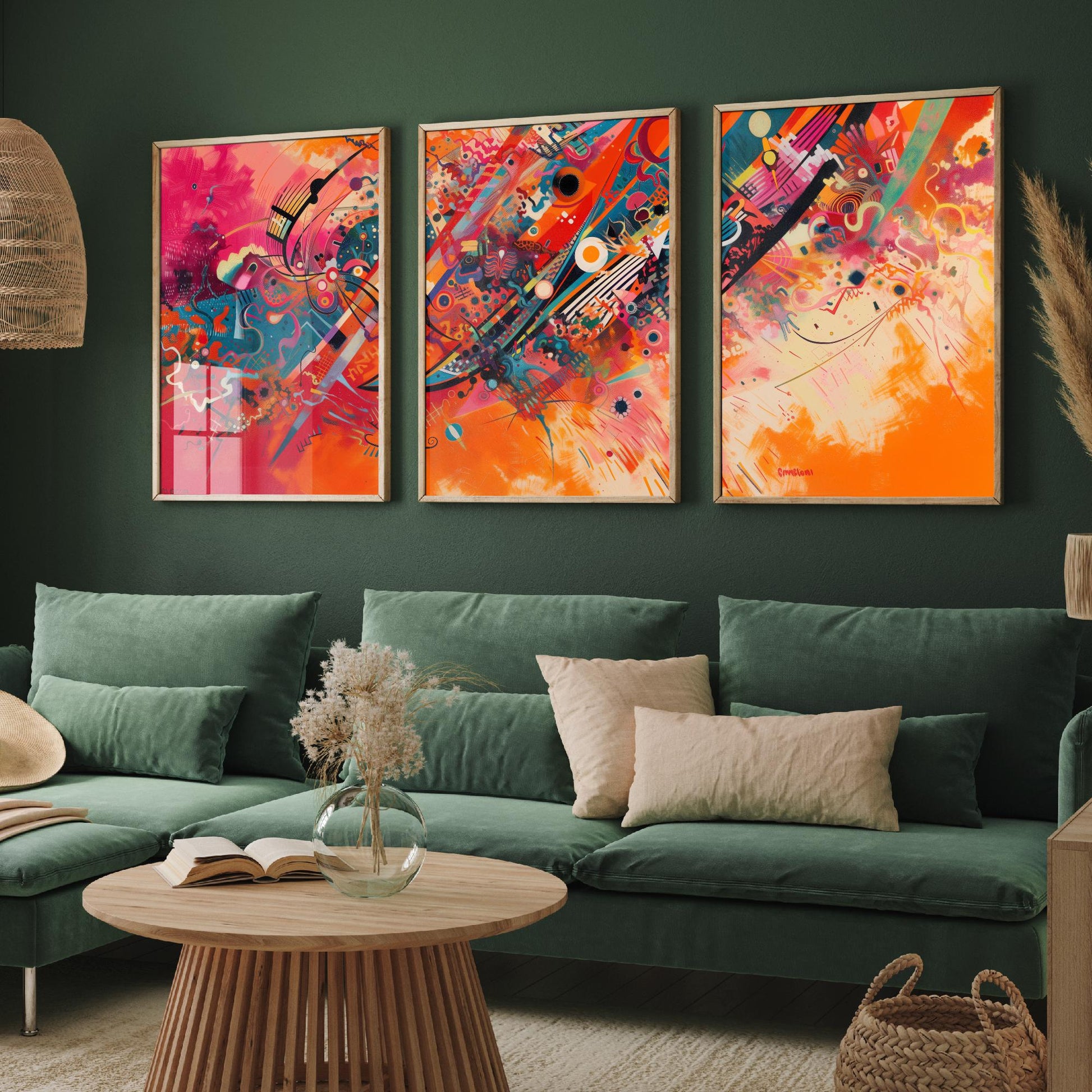 Vibrant Abstract Shapes Set of Three Art Prints - 3 Bold Expressionist Posters - Orange Pink Modern Illustration Wall Gift