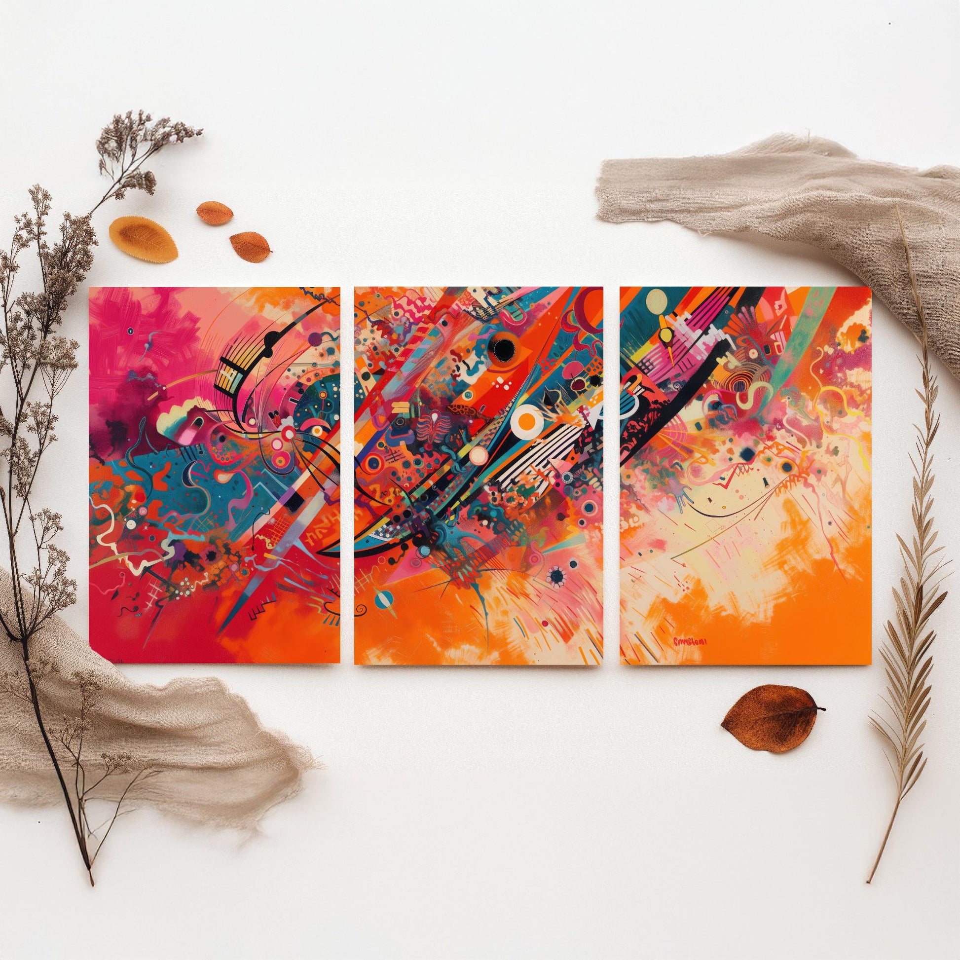 Vibrant Abstract Shapes Set of Three Art Prints - 3 Bold Expressionist Posters - Orange Pink Modern Illustration Wall Gift