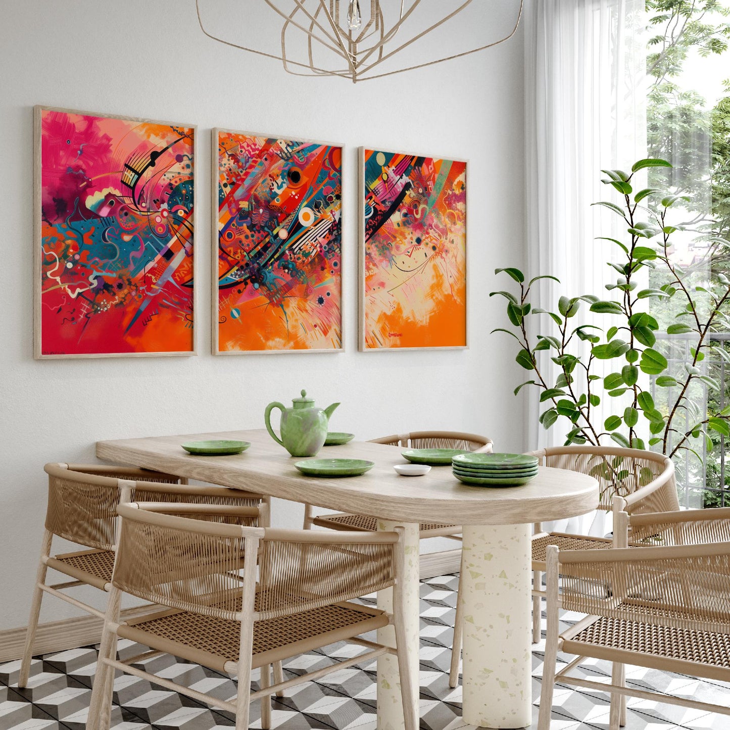 Vibrant Abstract Shapes Set of Three Art Prints - 3 Bold Expressionist Posters - Orange Pink Modern Illustration Wall Gift