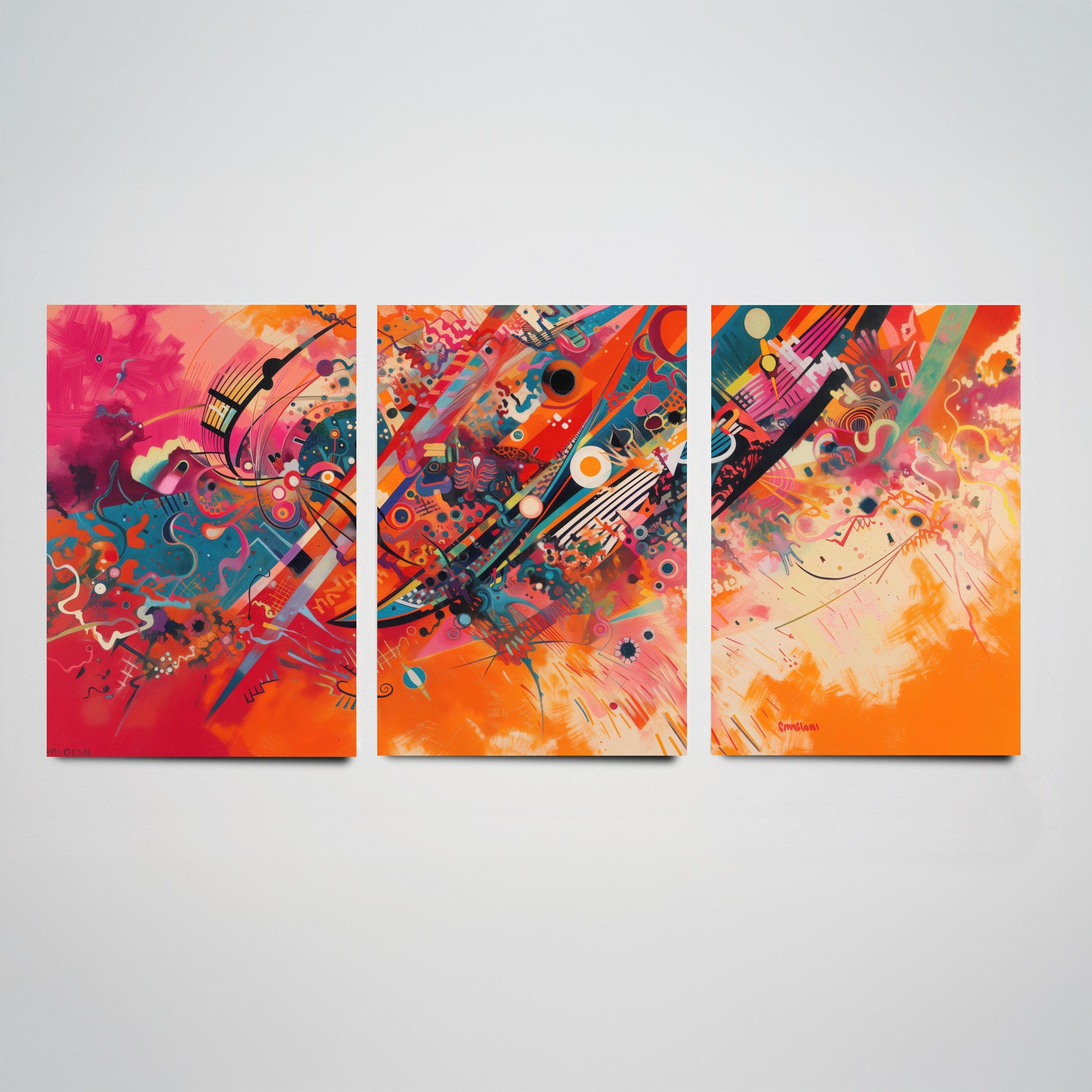 Vibrant Abstract Shapes Set of Three Art Prints - 3 Bold Expressionist Posters - Orange Pink Modern Illustration Wall Gift