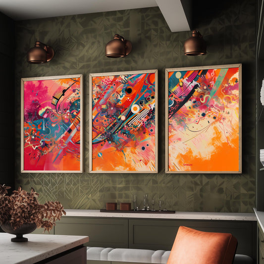 Vibrant Abstract Shapes Set of Three Art Prints - 3 Bold Expressionist Posters - Orange Pink Modern Illustration Wall Gift
