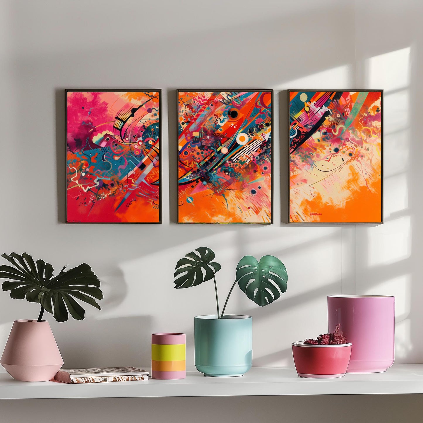 Vibrant Abstract Shapes Set of Three Art Prints - 3 Bold Expressionist Posters - Orange Pink Modern Illustration Wall Gift