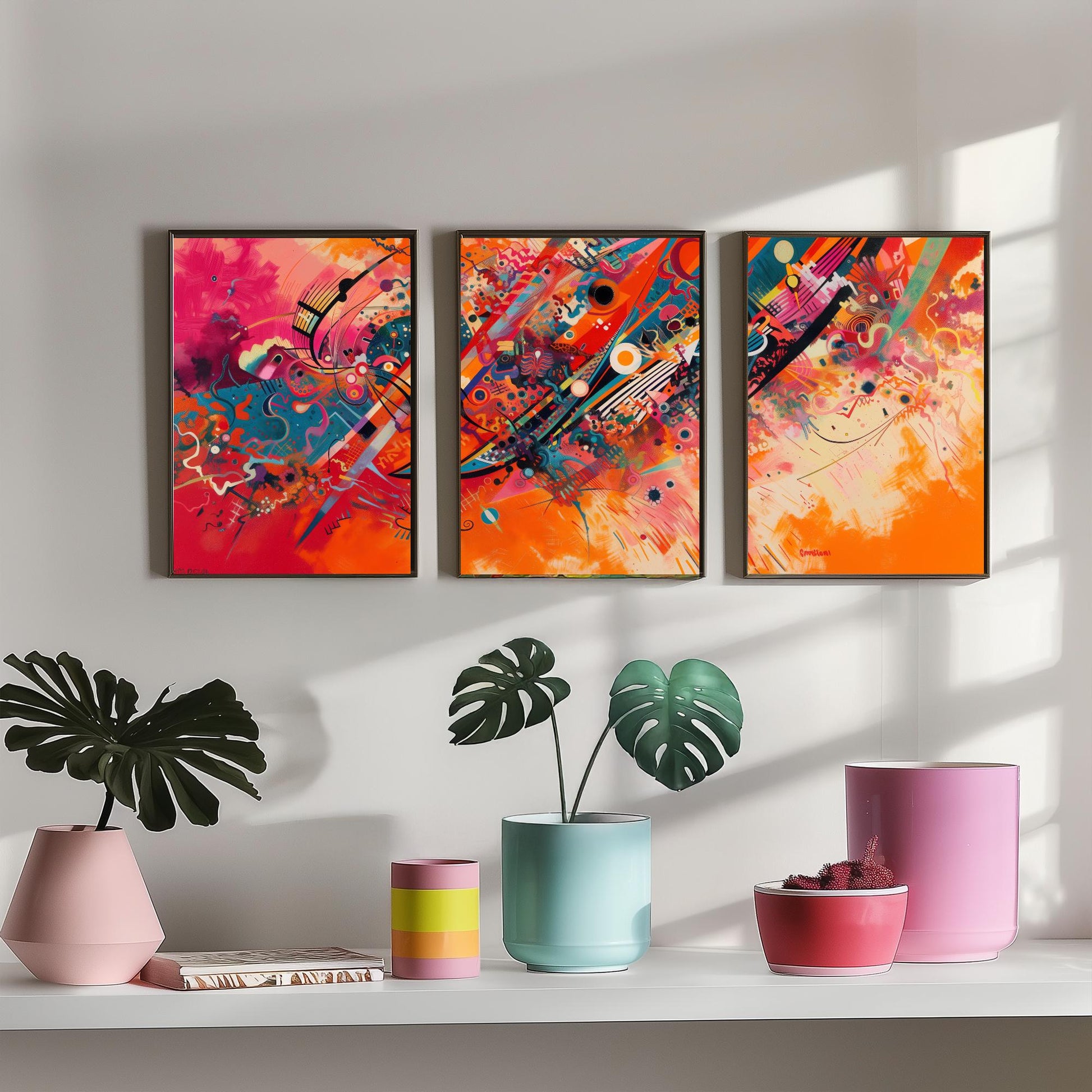 Vibrant Abstract Shapes Set of Three Art Prints - 3 Bold Expressionist Posters - Orange Pink Modern Illustration Wall Gift