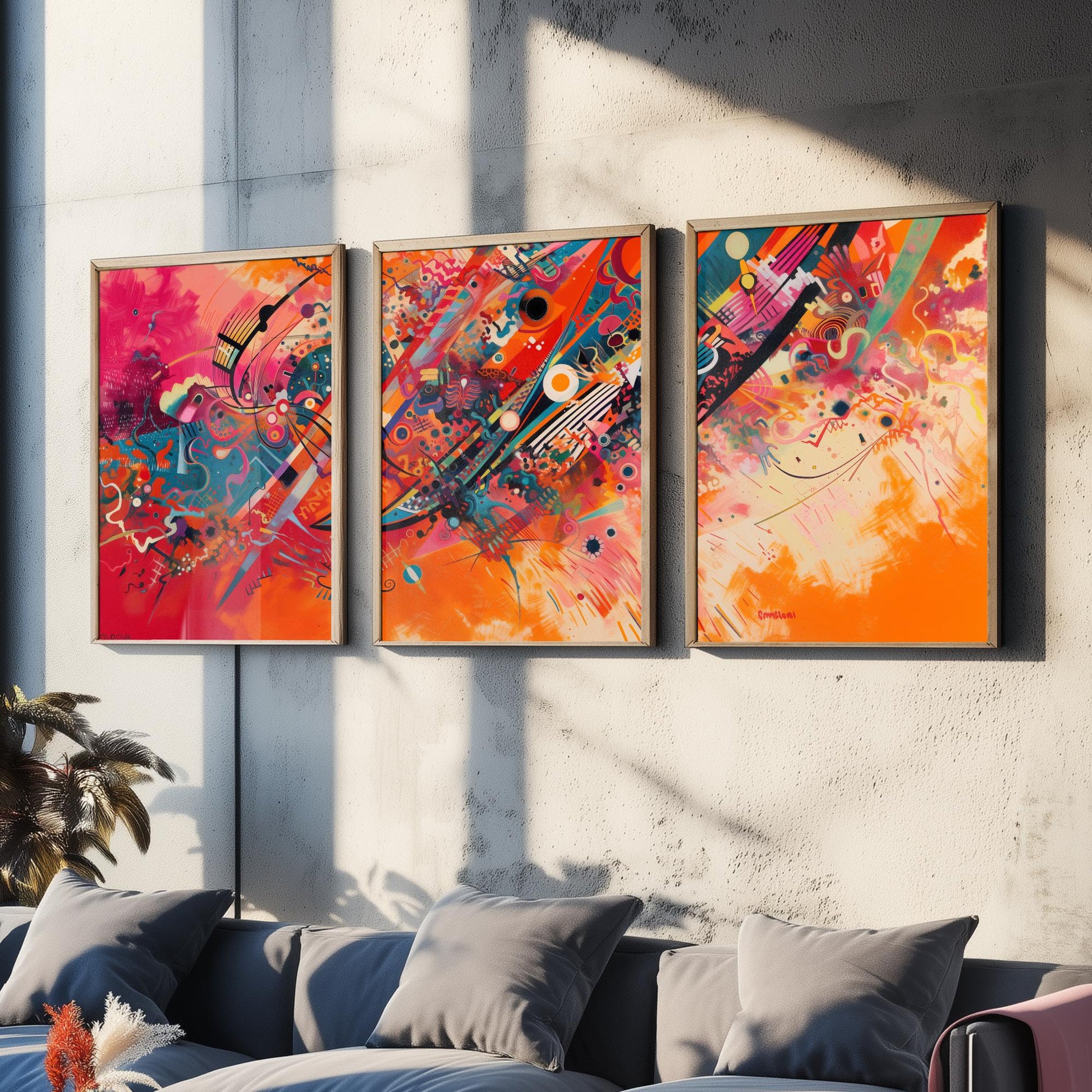 Vibrant Abstract Shapes Set of Three Art Prints - 3 Bold Expressionist Posters - Orange Pink Modern Illustration Wall Gift