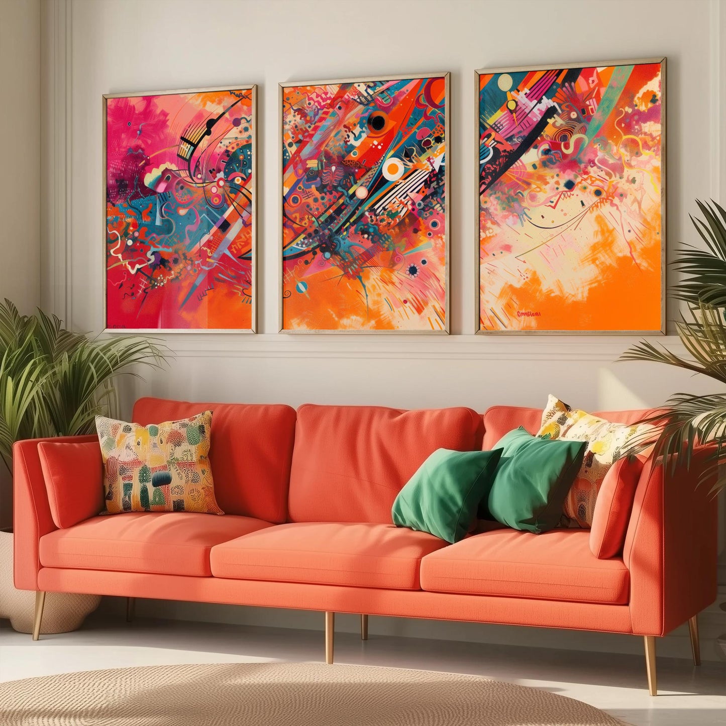 Vibrant Abstract Shapes Set of Three Art Prints - 3 Bold Expressionist Posters - Orange Pink Modern Illustration Wall Gift