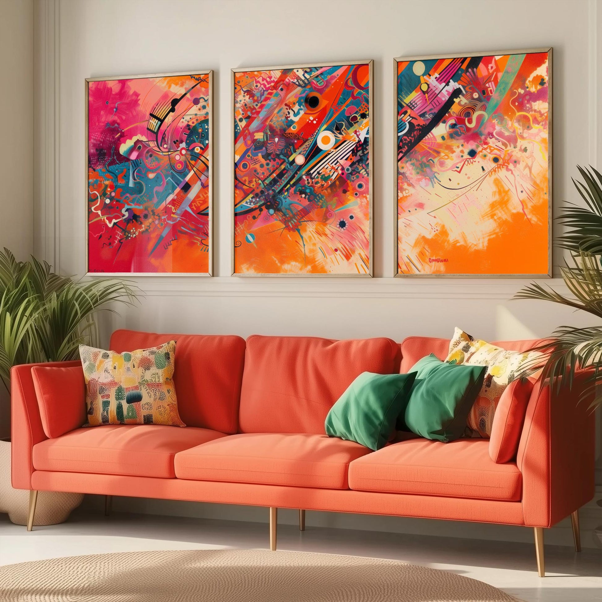 Vibrant Abstract Shapes Set of Three Art Prints - 3 Bold Expressionist Posters - Orange Pink Modern Illustration Wall Gift