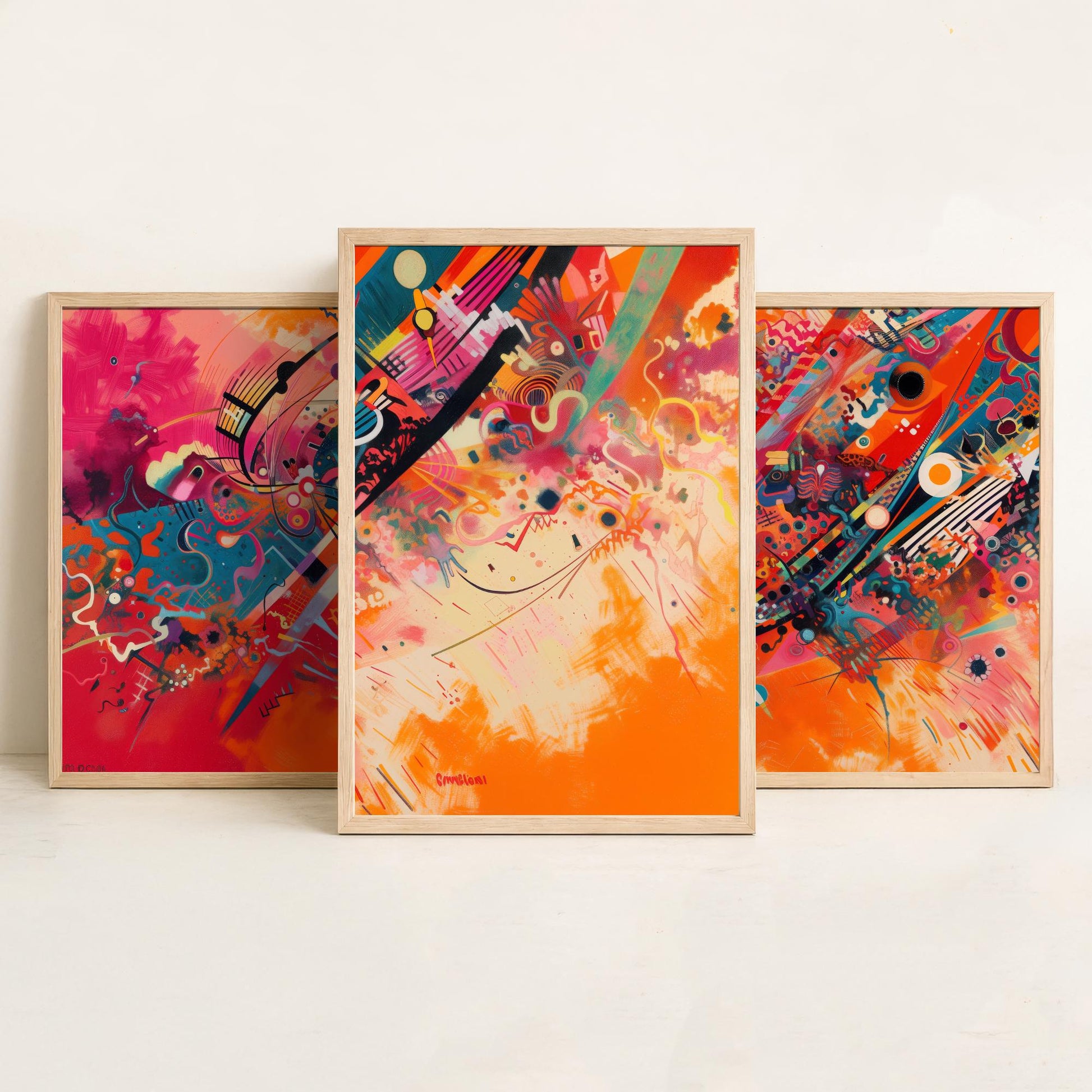 Vibrant Abstract Shapes Set of Three Art Prints - 3 Bold Expressionist Posters - Orange Pink Modern Illustration Wall Gift