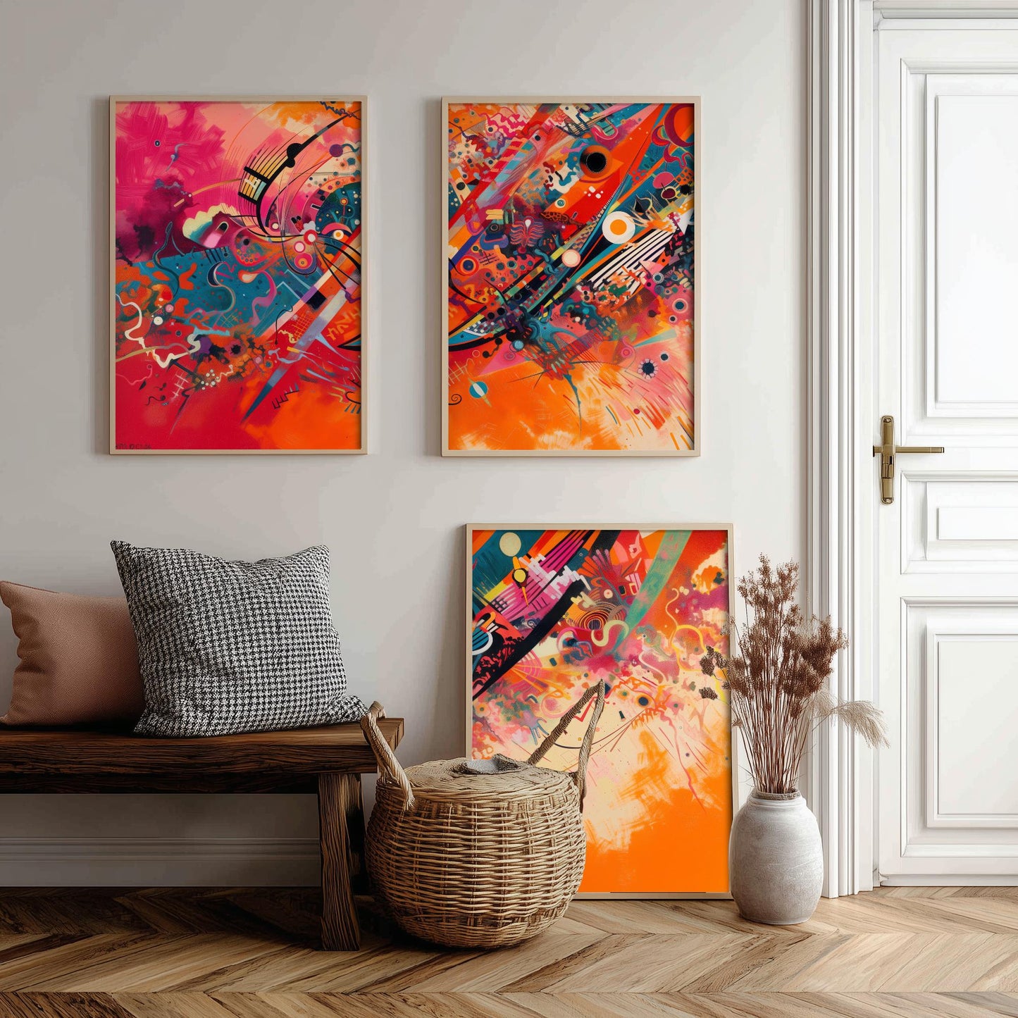 Vibrant Abstract Shapes Set of Three Art Prints - 3 Bold Expressionist Posters - Orange Pink Modern Illustration Wall Gift