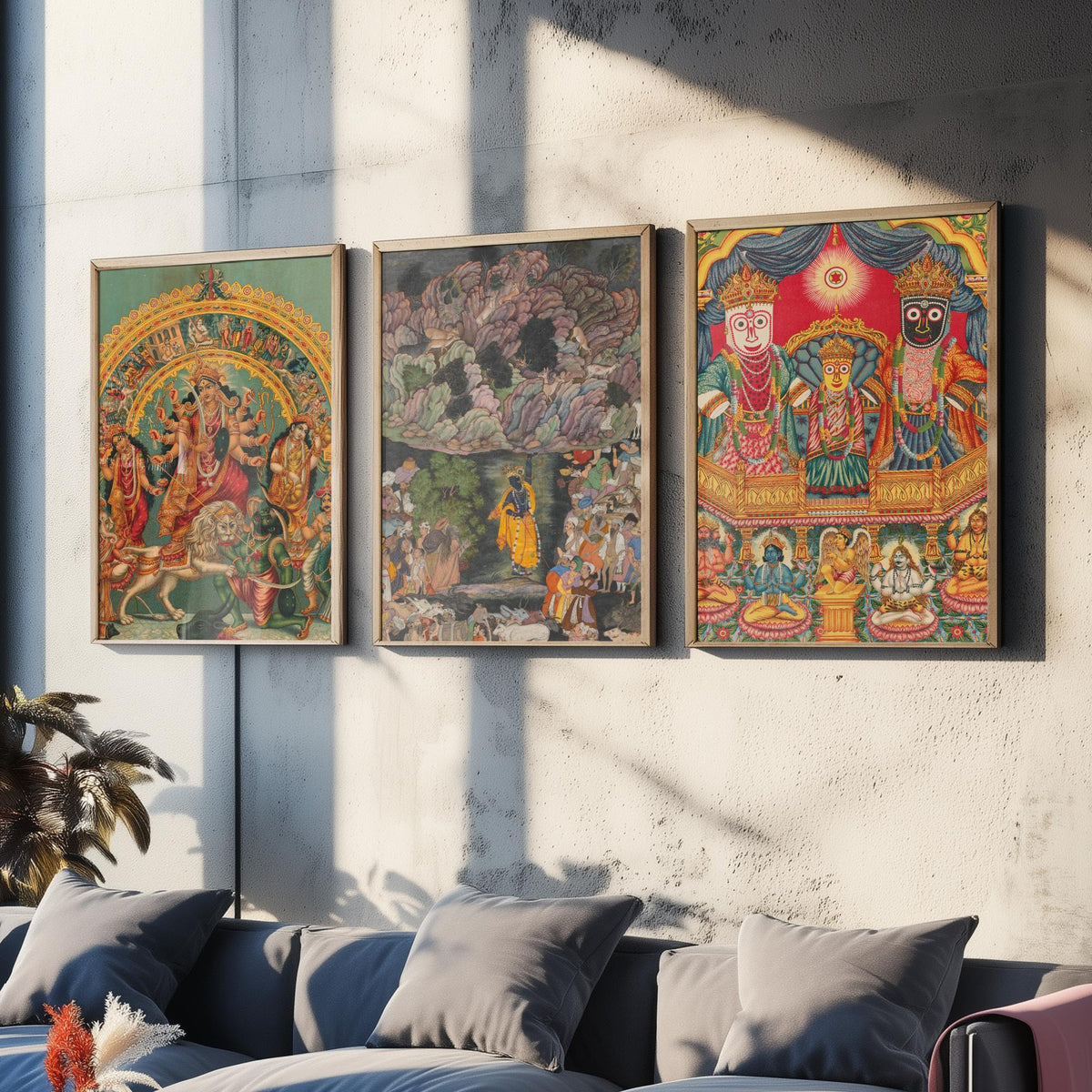 Hindu Deities Set of Three Art Prints - Durga, Krishna and Jagannath - Indian Devotional Painting Poster