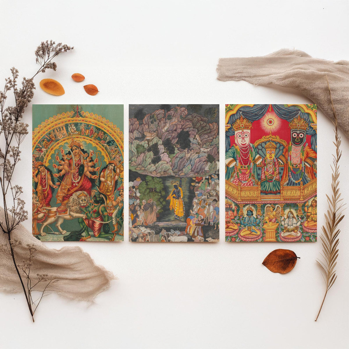 Hindu Deities Set of Three Art Prints - Durga, Krishna and Jagannath - Indian Devotional Painting Poster