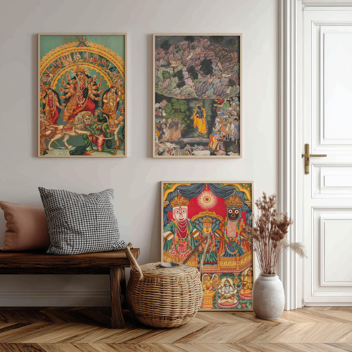 Hindu Deities Set of Three Art Prints - Durga, Krishna and Jagannath - Indian Devotional Painting Poster
