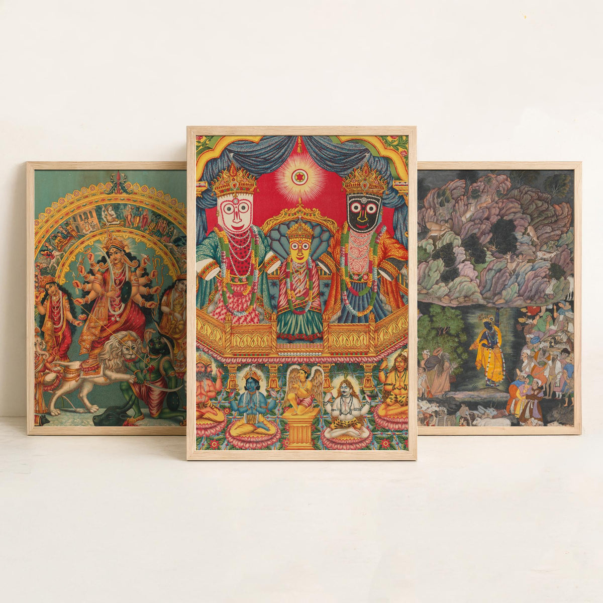 Hindu Deities Set of Three Art Prints - Durga, Krishna and Jagannath - Indian Devotional Painting Poster