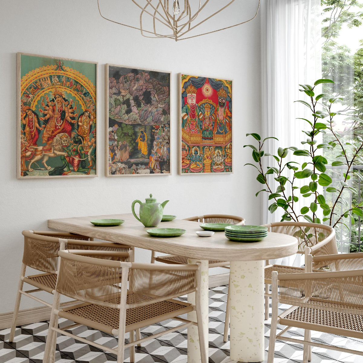 Hindu Deities Set of Three Art Prints - Durga, Krishna and Jagannath - Indian Devotional Painting Poster