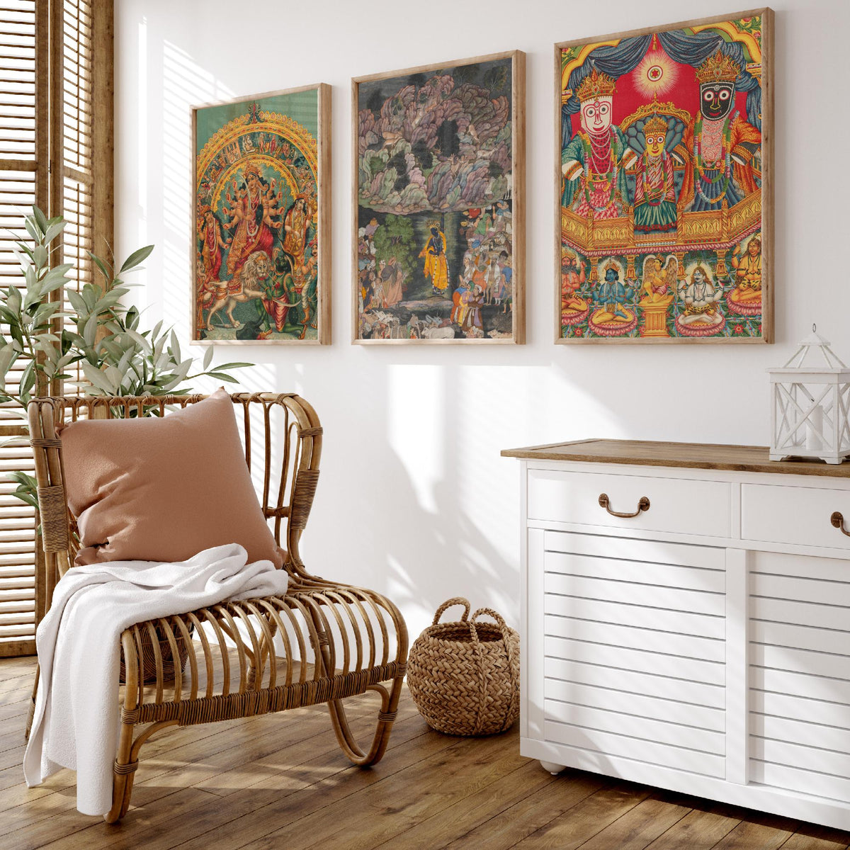 Hindu Deities Set of Three Art Prints - Durga, Krishna and Jagannath - Indian Devotional Painting Poster