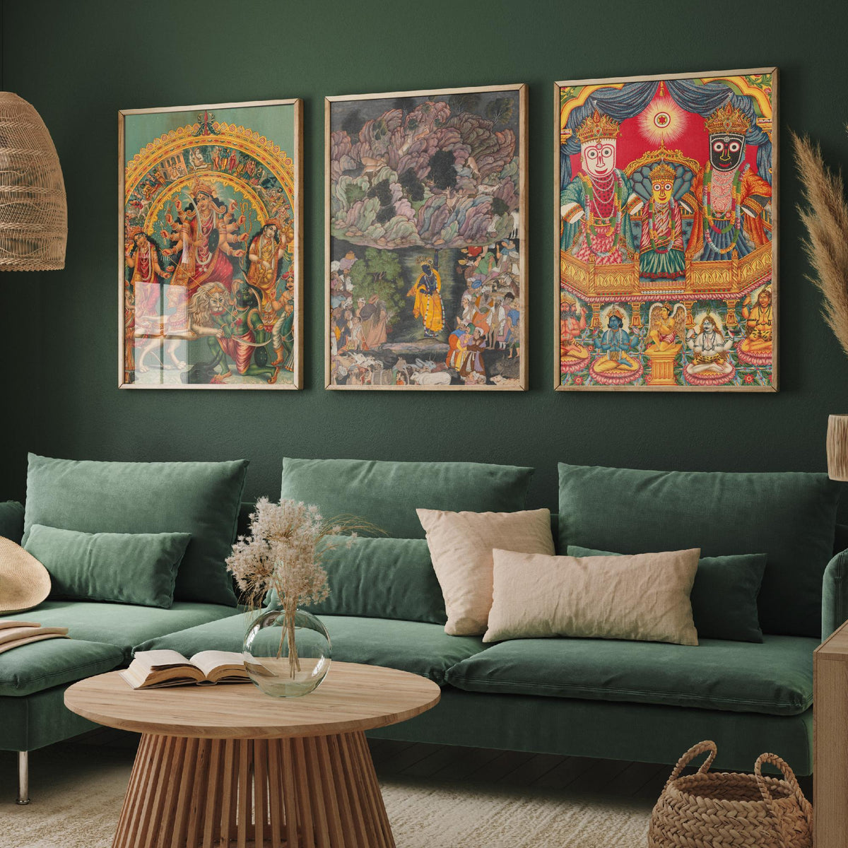 Hindu Deities Set of Three Art Prints - Durga, Krishna and Jagannath - Indian Devotional Painting Poster
