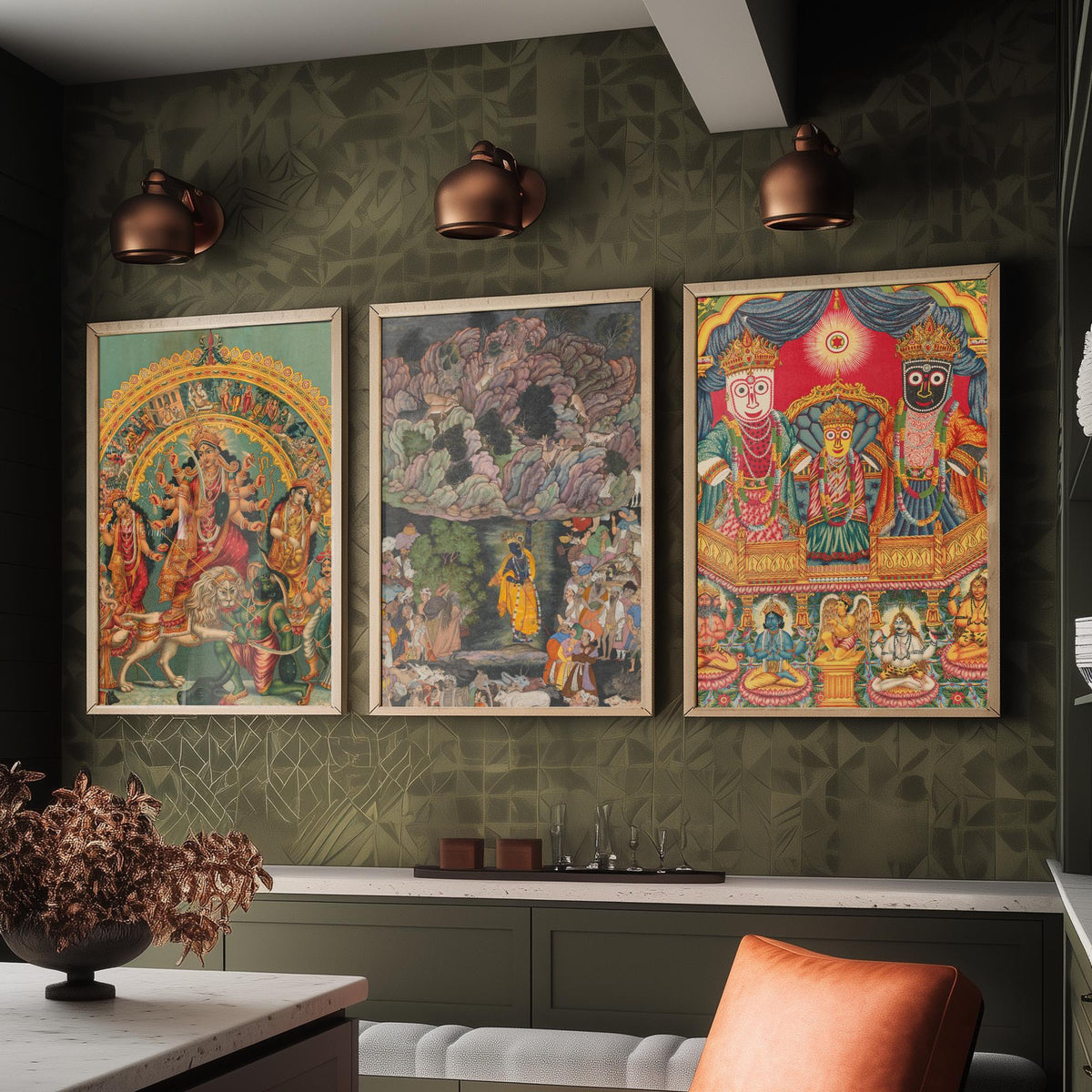 Hindu Deities Set of Three Art Prints - Durga, Krishna and Jagannath - Indian Devotional Painting Poster