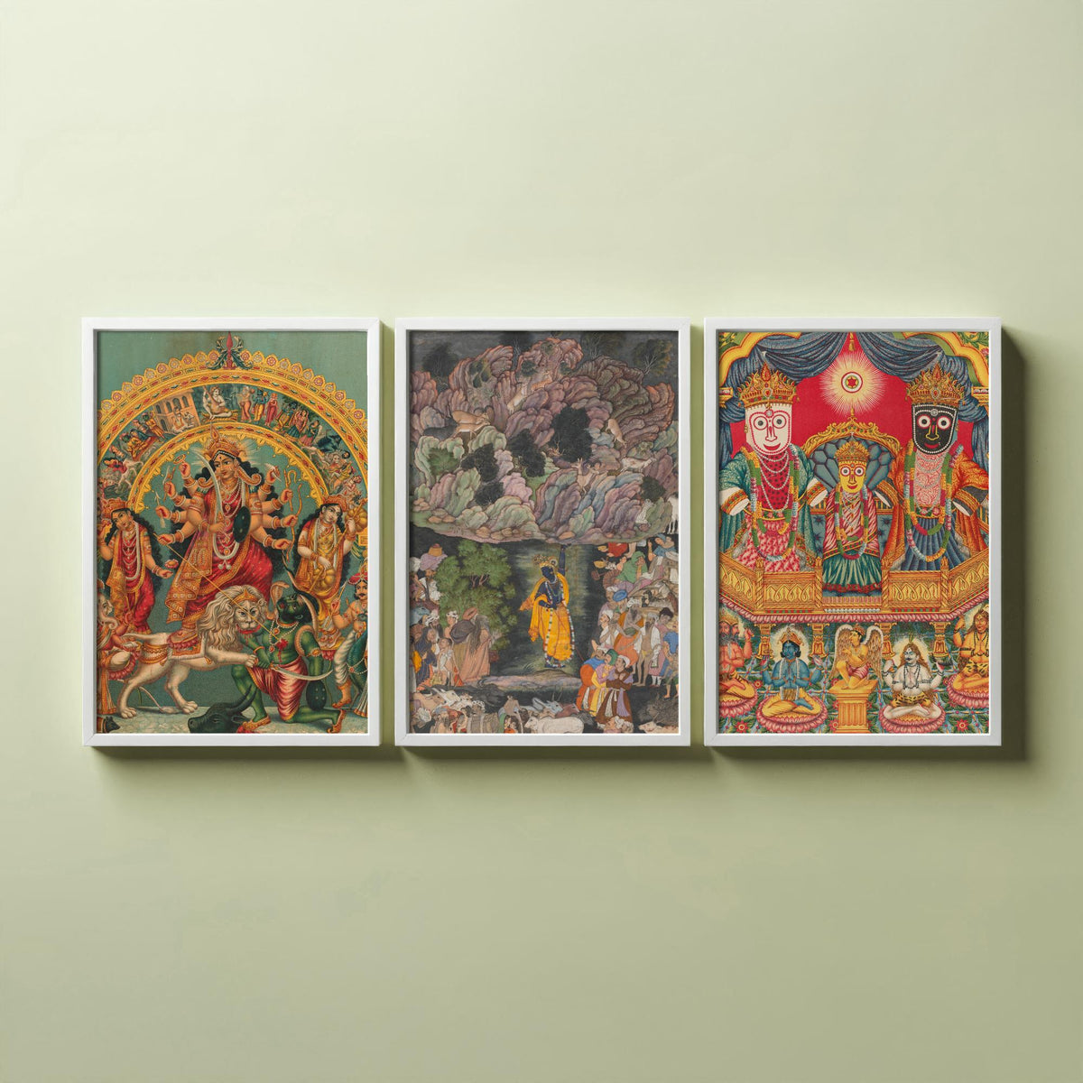 Hindu Deities Set of Three Art Prints - Durga, Krishna and Jagannath - Indian Devotional Painting Poster