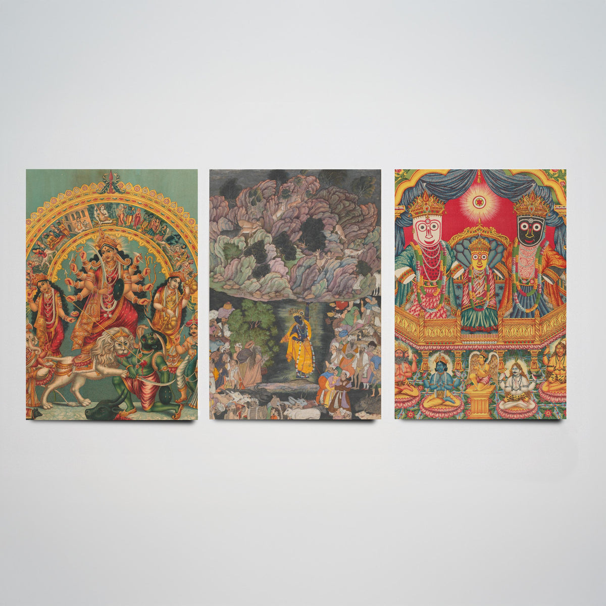 Hindu Deities Set of Three Art Prints - Durga, Krishna and Jagannath - Indian Devotional Painting Poster