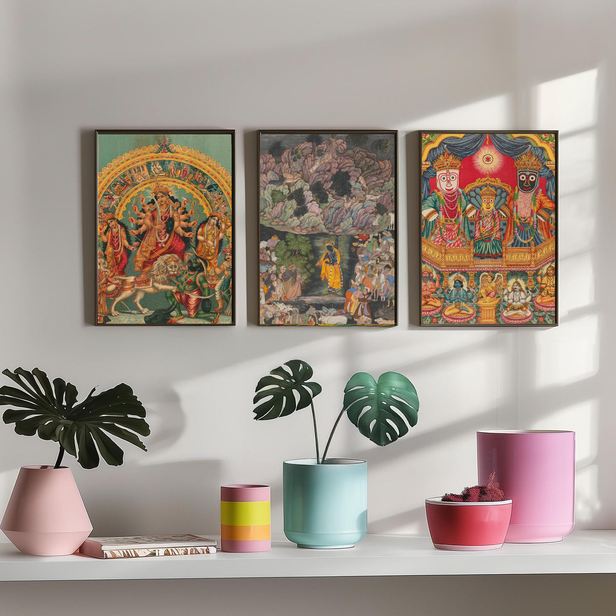 Hindu Deities Set of Three Art Prints - Durga, Krishna and Jagannath - Indian Devotional Painting Poster