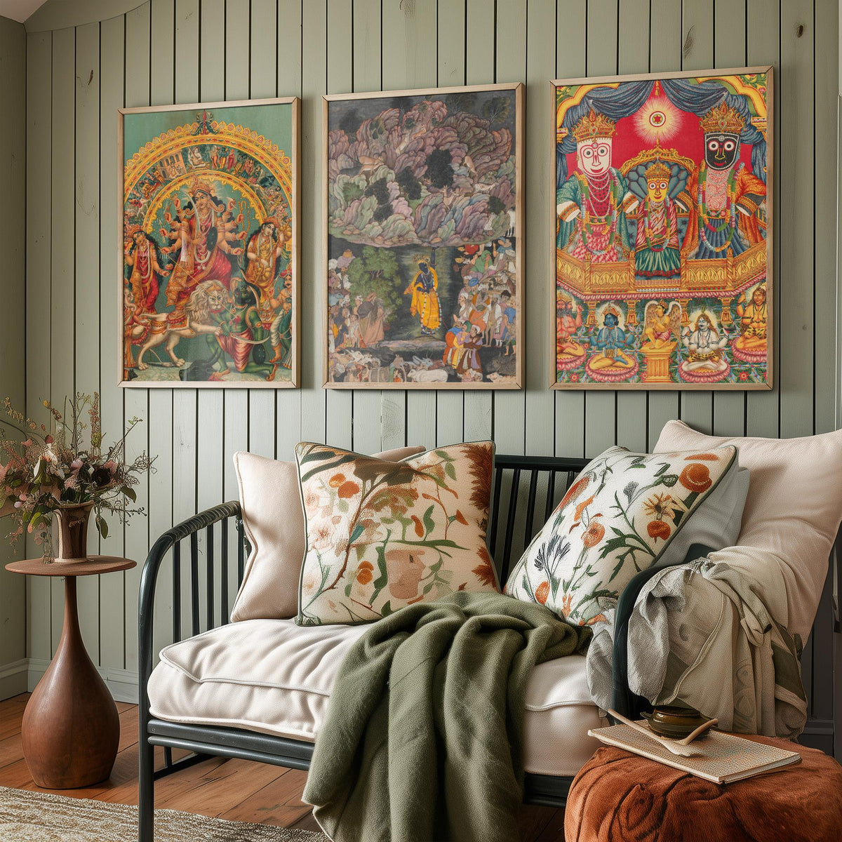 Hindu Deities Set of Three Art Prints - Durga, Krishna and Jagannath - Indian Devotional Painting Poster