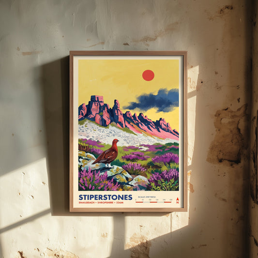 Stiperstones Travel Poster - Shropshire Hills Art Print - Red Grouse Heather Illustration - Snailbeach England 1/3