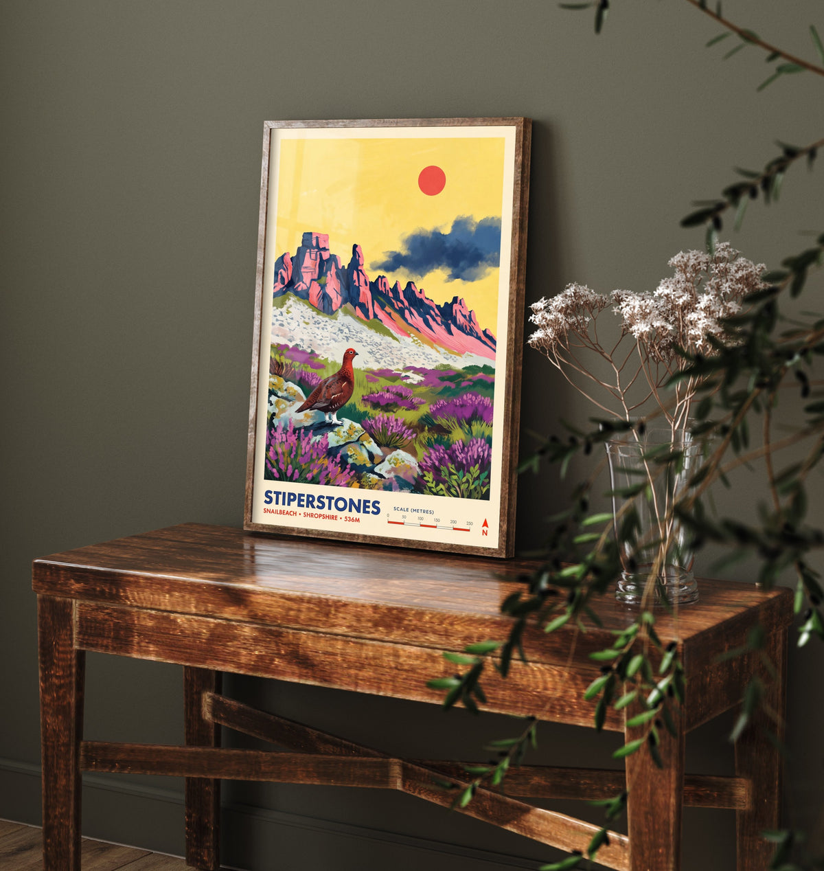 Stiperstones Travel Poster - Shropshire Hills Art Print - Red Grouse Heather Illustration - Snailbeach England 1/3
