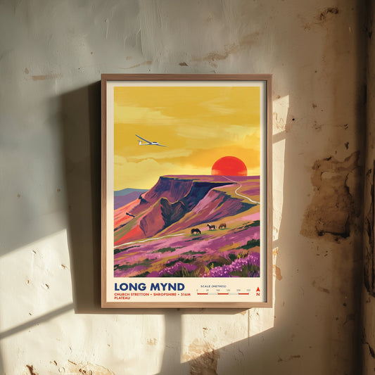 Long Mynd Travel Poster - Glider Wild Ponies Illustration - Church Stretton Shropshire Art Print - Heather Plateau 3/3