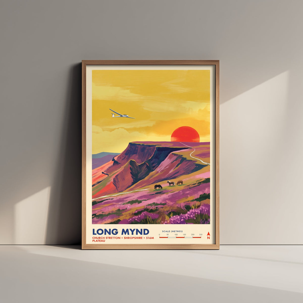 Long Mynd Travel Poster - Glider Wild Ponies Illustration - Church Stretton Shropshire Art Print - Heather Plateau 3/3