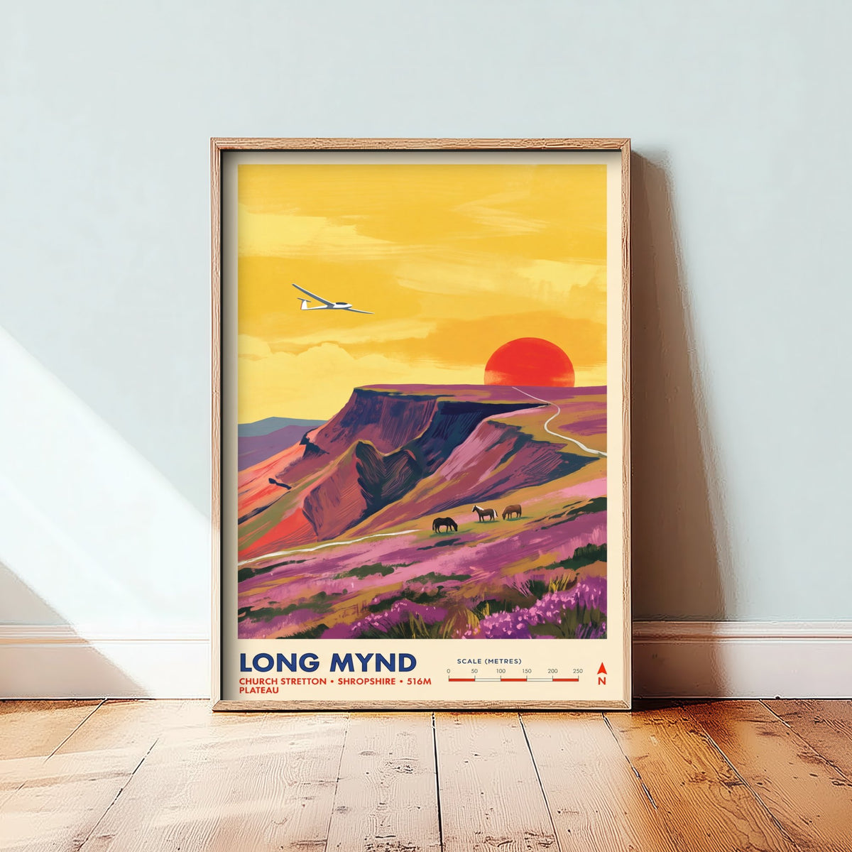 Long Mynd Travel Poster - Glider Wild Ponies Illustration - Church Stretton Shropshire Art Print - Heather Plateau 3/3