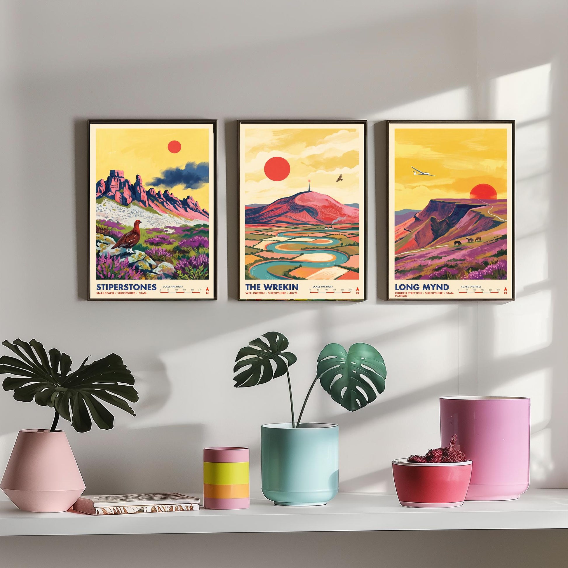 Shropshire Hills Set of Three Art Prints - Stiperstones, The Wrekin, Long Mynd - England Mountain Travel Posters - Painting