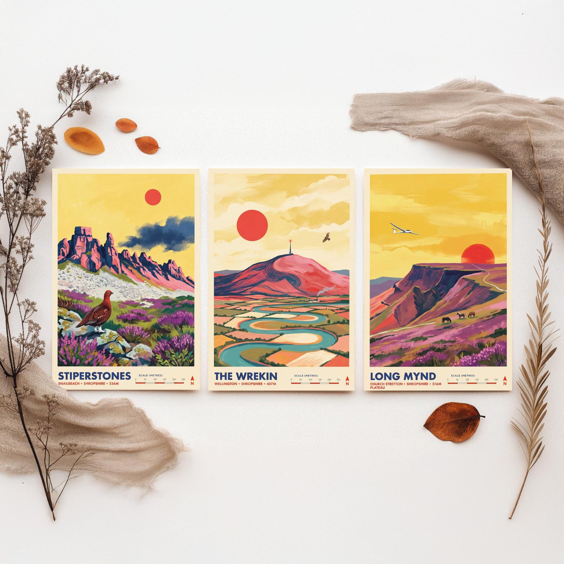 Shropshire Hills Set of Three Art Prints - Stiperstones, The Wrekin, Long Mynd - England Mountain Travel Posters - Painting