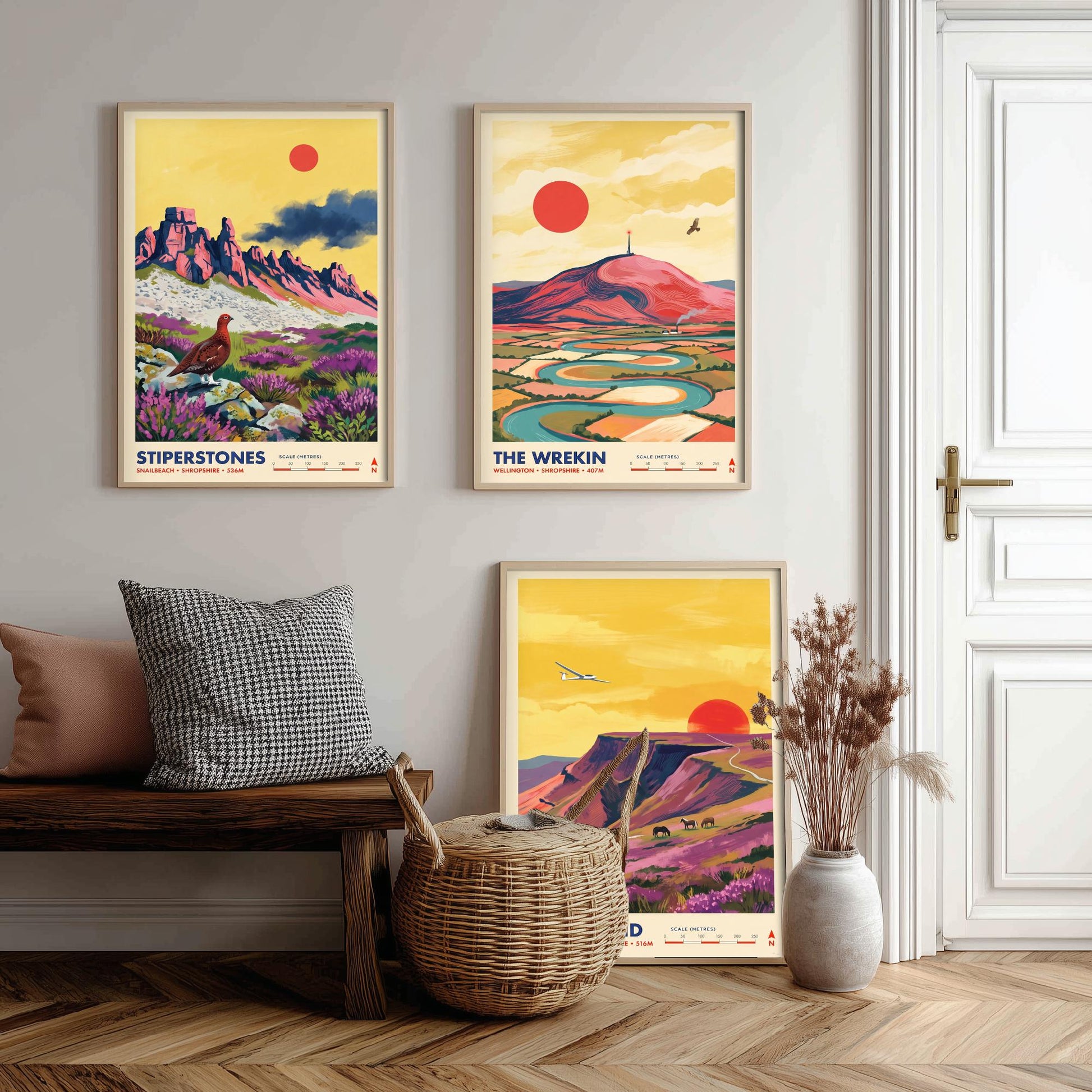 Shropshire Hills Set of Three Art Prints - Stiperstones, The Wrekin, Long Mynd - England Mountain Travel Posters - Painting