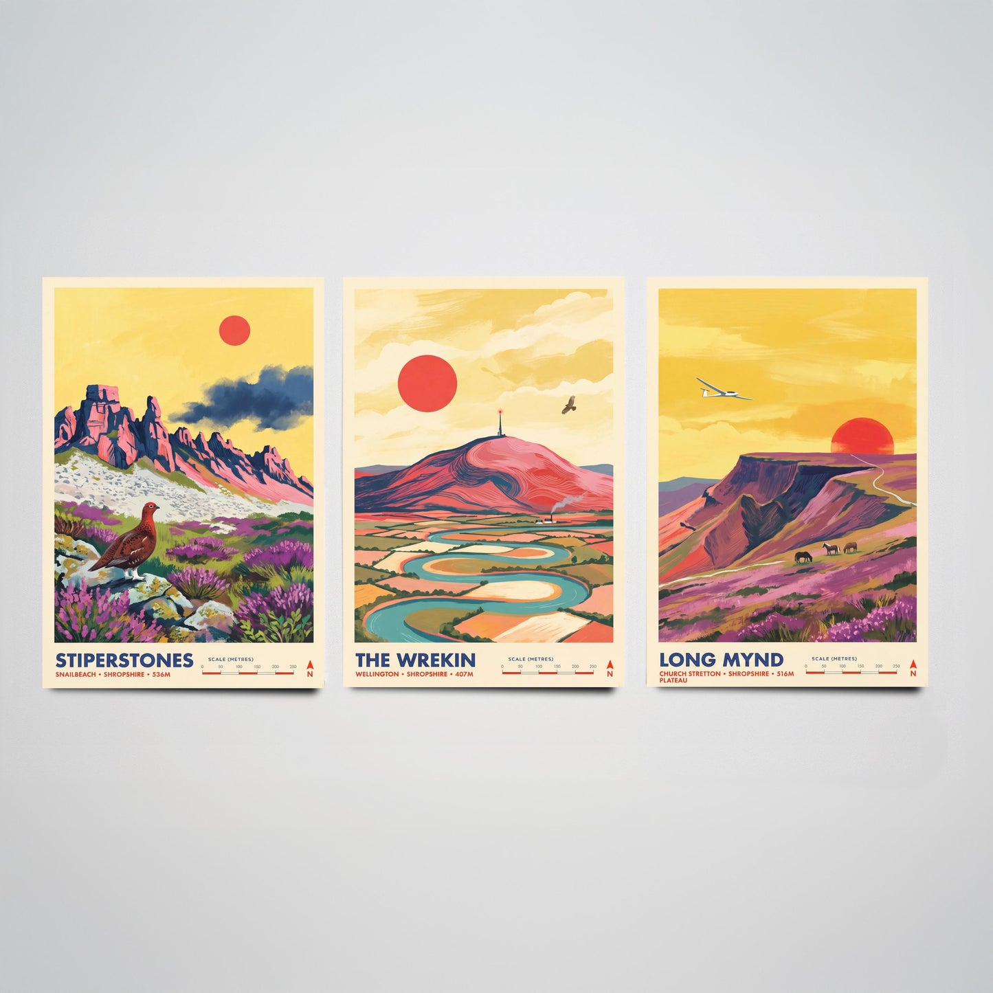 Shropshire Hills Set of Three Art Prints - Stiperstones, The Wrekin, Long Mynd - England Mountain Travel Posters - Painting