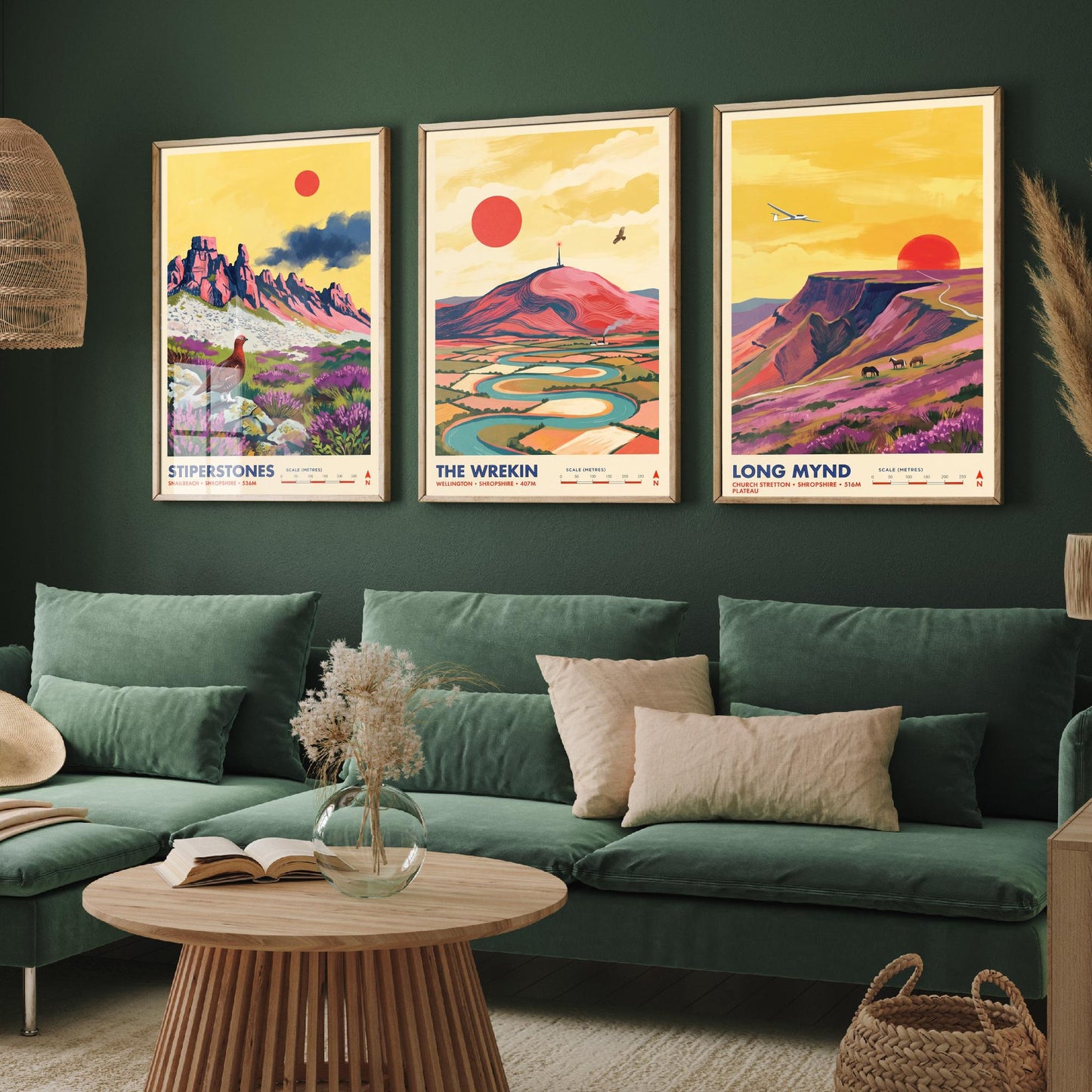 Shropshire Hills Set of Three Art Prints - Stiperstones, The Wrekin, Long Mynd - England Mountain Travel Posters - Painting