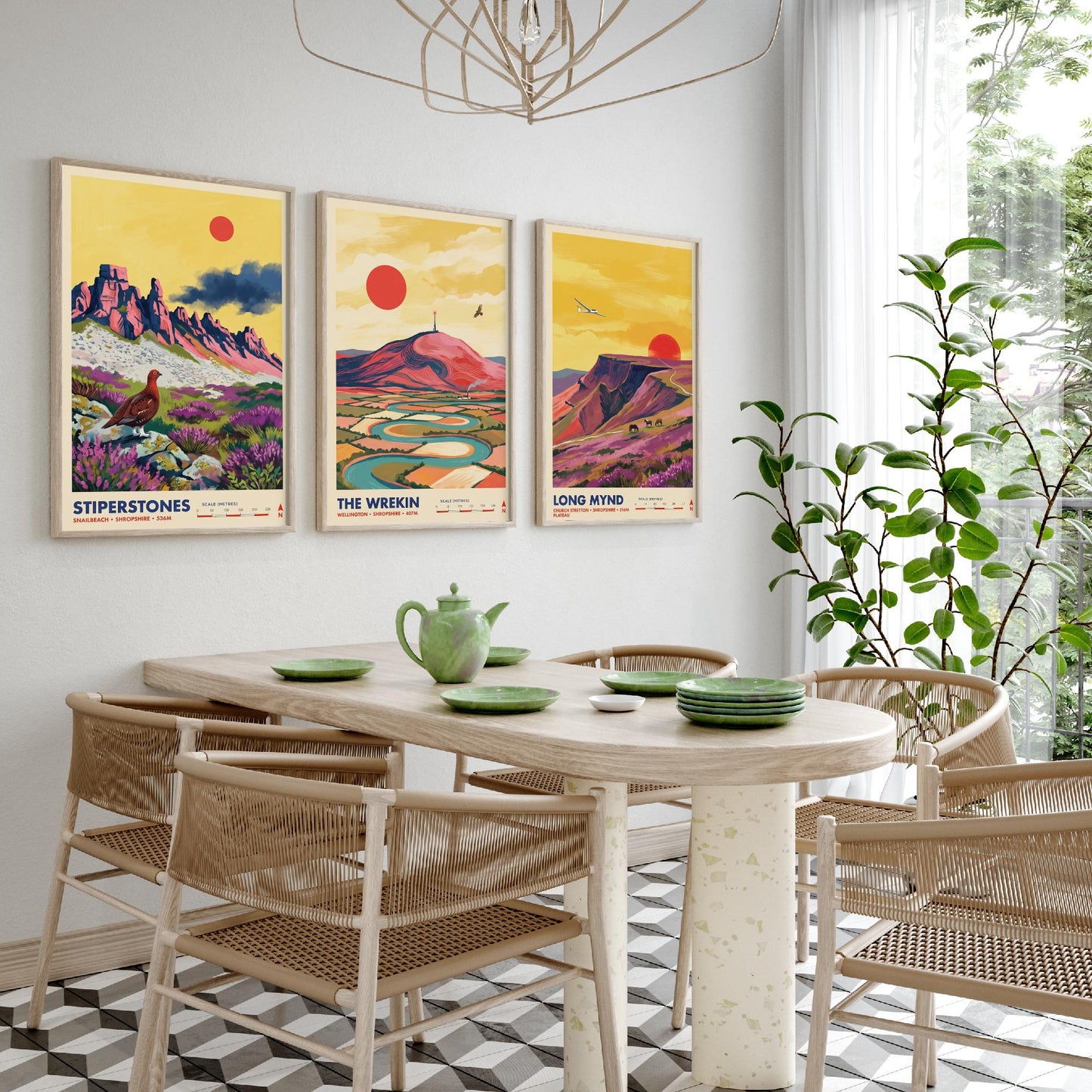 Shropshire Hills Set of Three Art Prints - Stiperstones, The Wrekin, Long Mynd - England Mountain Travel Posters - Painting
