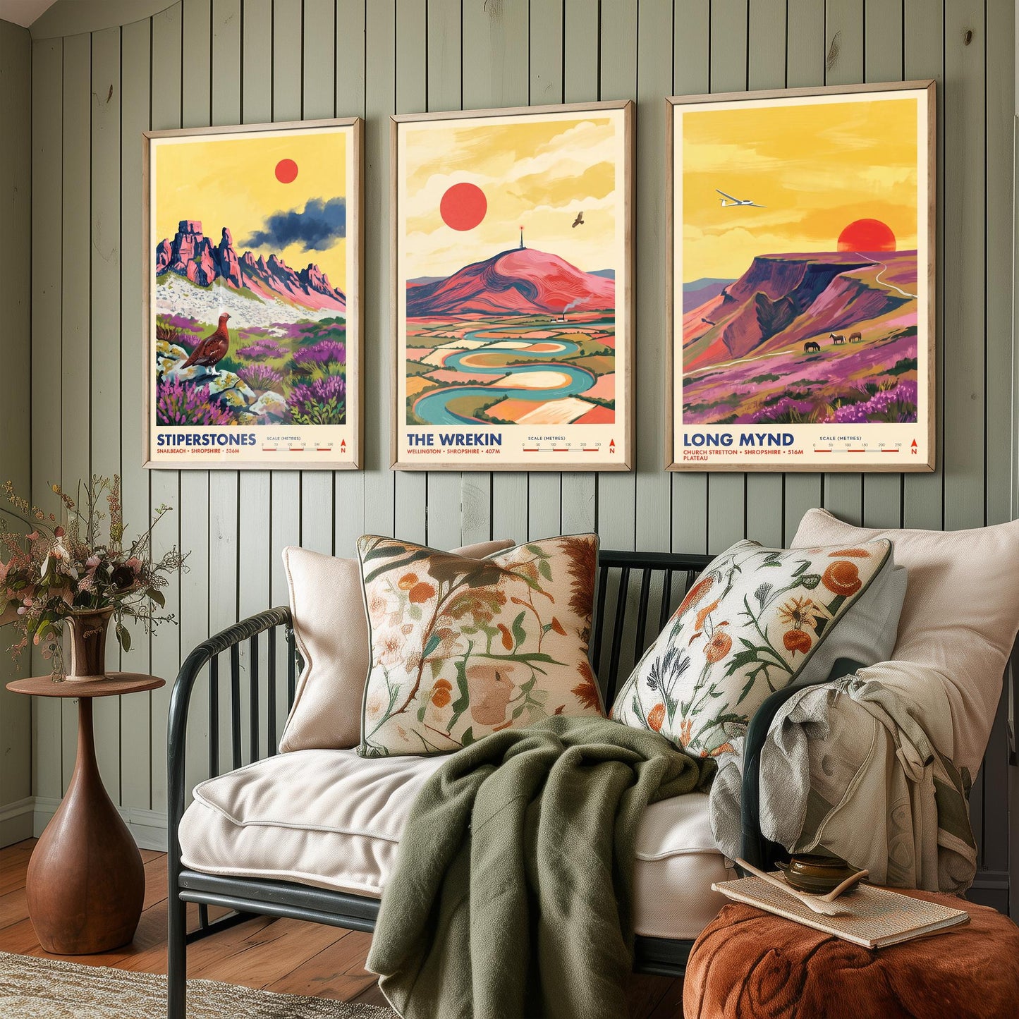 Shropshire Hills Set of Three Art Prints - Stiperstones, The Wrekin, Long Mynd - England Mountain Travel Posters - Painting