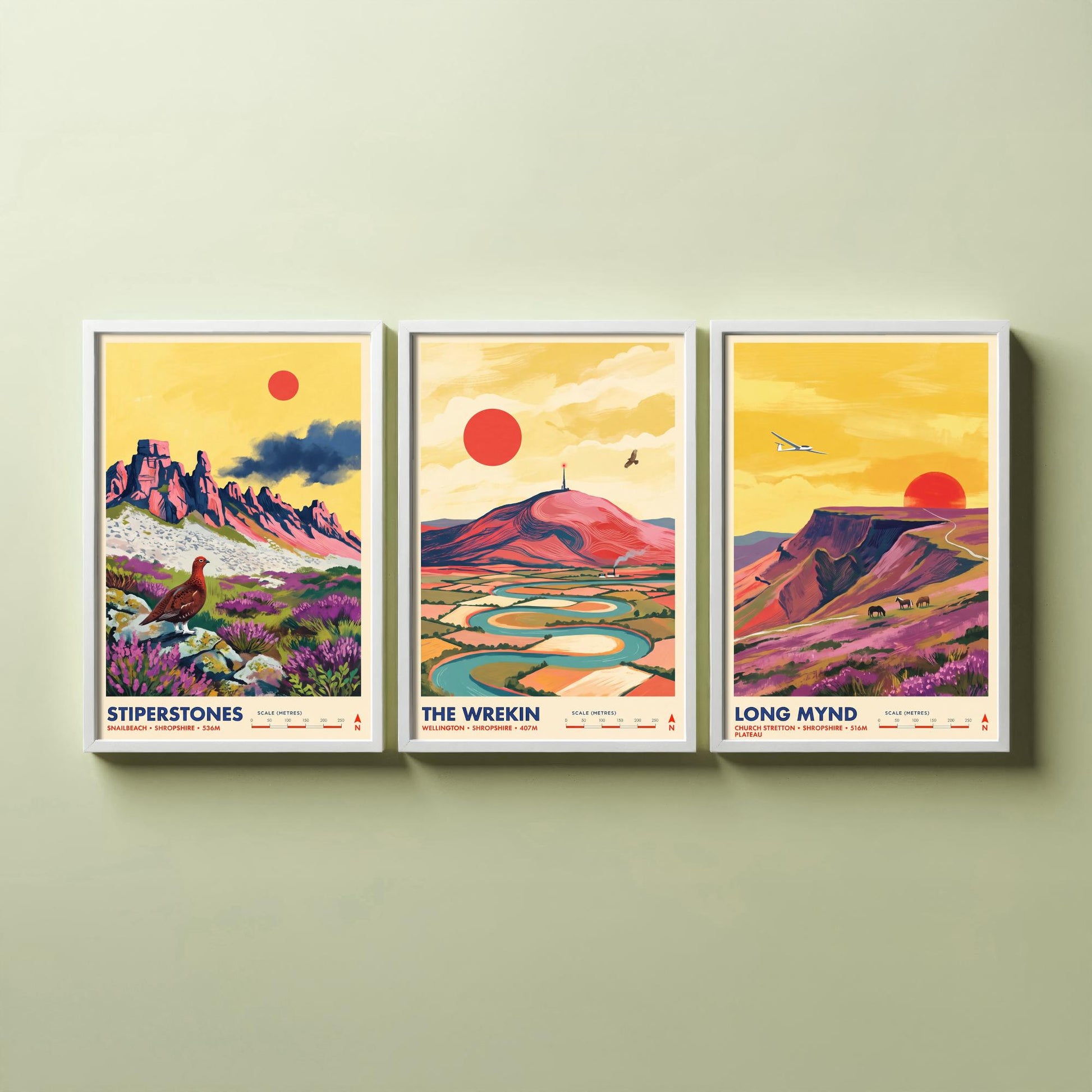 Shropshire Hills Set of Three Art Prints - Stiperstones, The Wrekin, Long Mynd - England Mountain Travel Posters - Painting