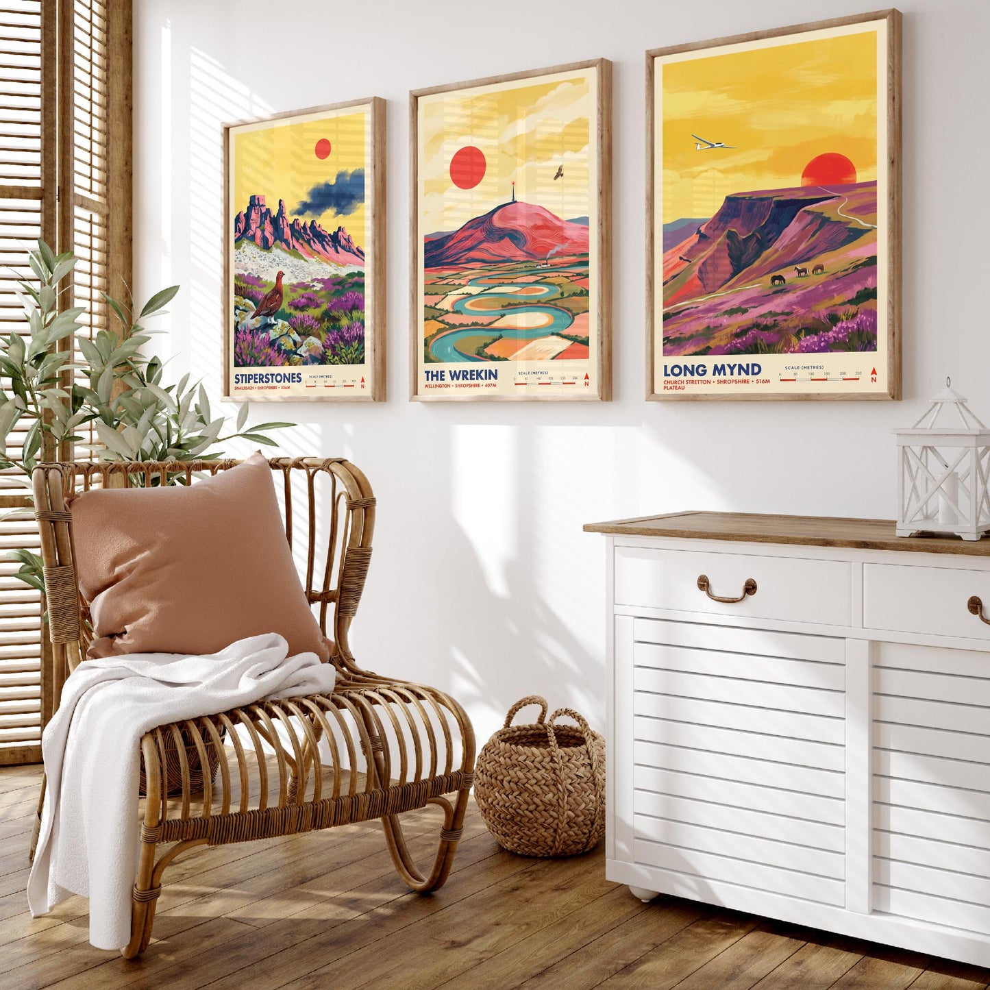Shropshire Hills Set of Three Art Prints - Stiperstones, The Wrekin, Long Mynd - England Mountain Travel Posters - Painting