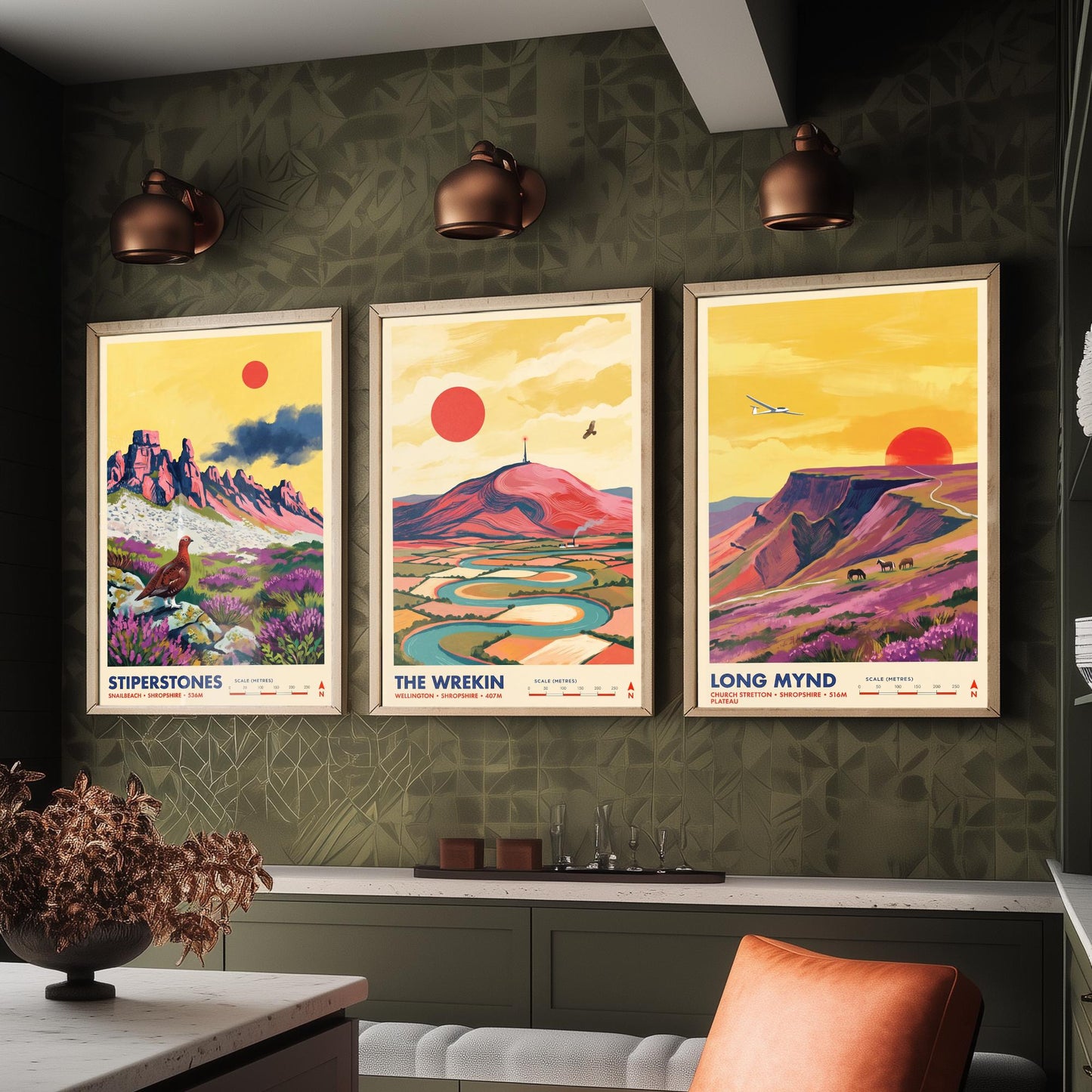 Shropshire Hills Set of Three Art Prints - Stiperstones, The Wrekin, Long Mynd - England Mountain Travel Posters - Painting