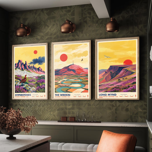 Shropshire Hills Set of Three Art Prints - Stiperstones, The Wrekin, Long Mynd - England Mountain Travel Posters - Painting